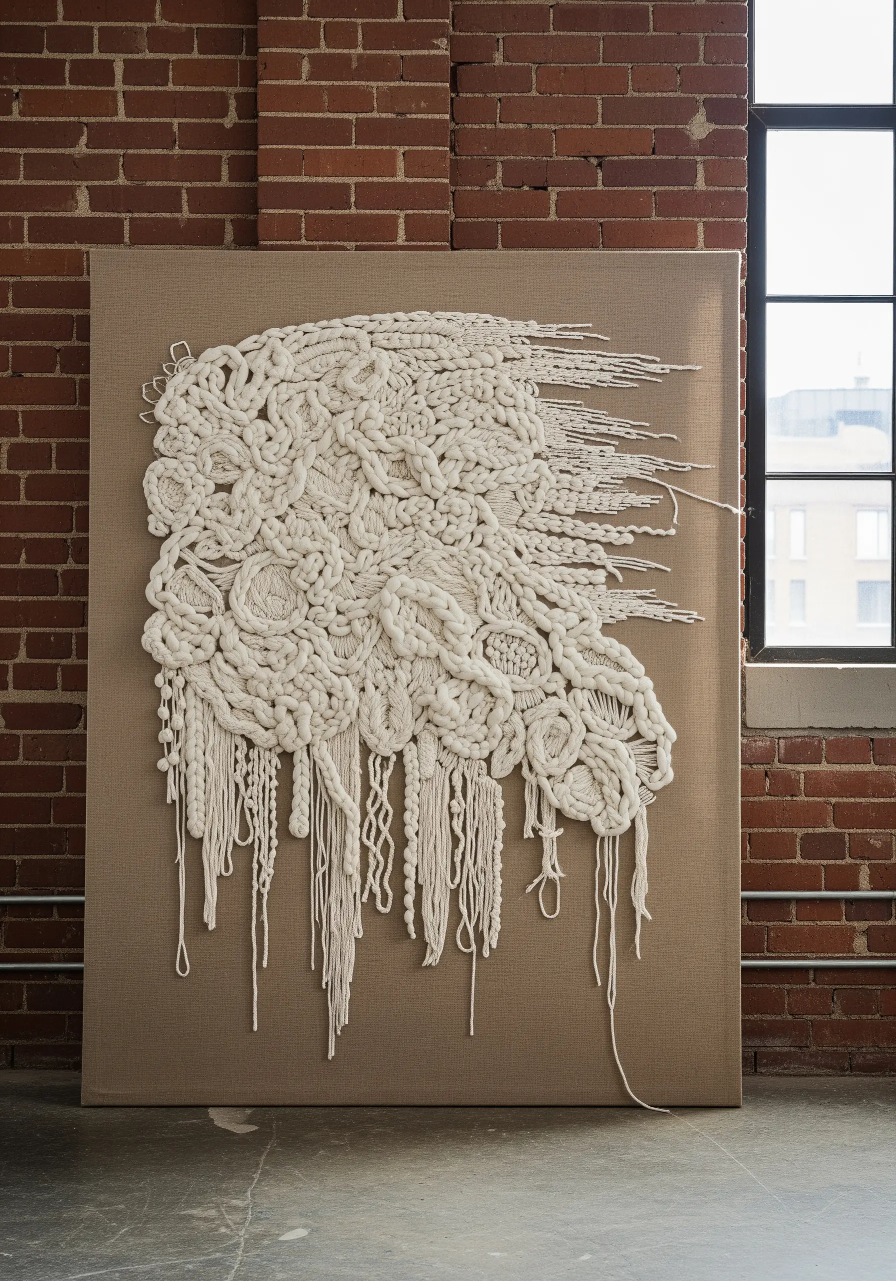 A large canvas with a freeform abstract embroidery using thick yarns, knots, and coils in off-white.