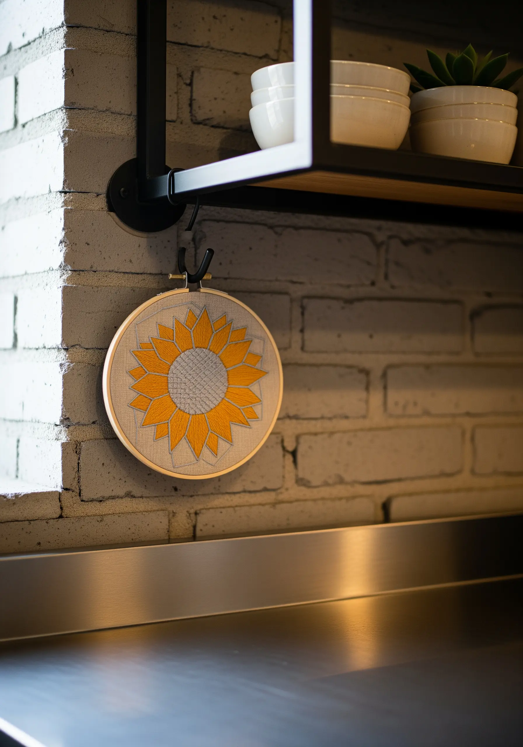 A modern, geometric sunflower embroidery in yellow and grey hanging on a brick wall.