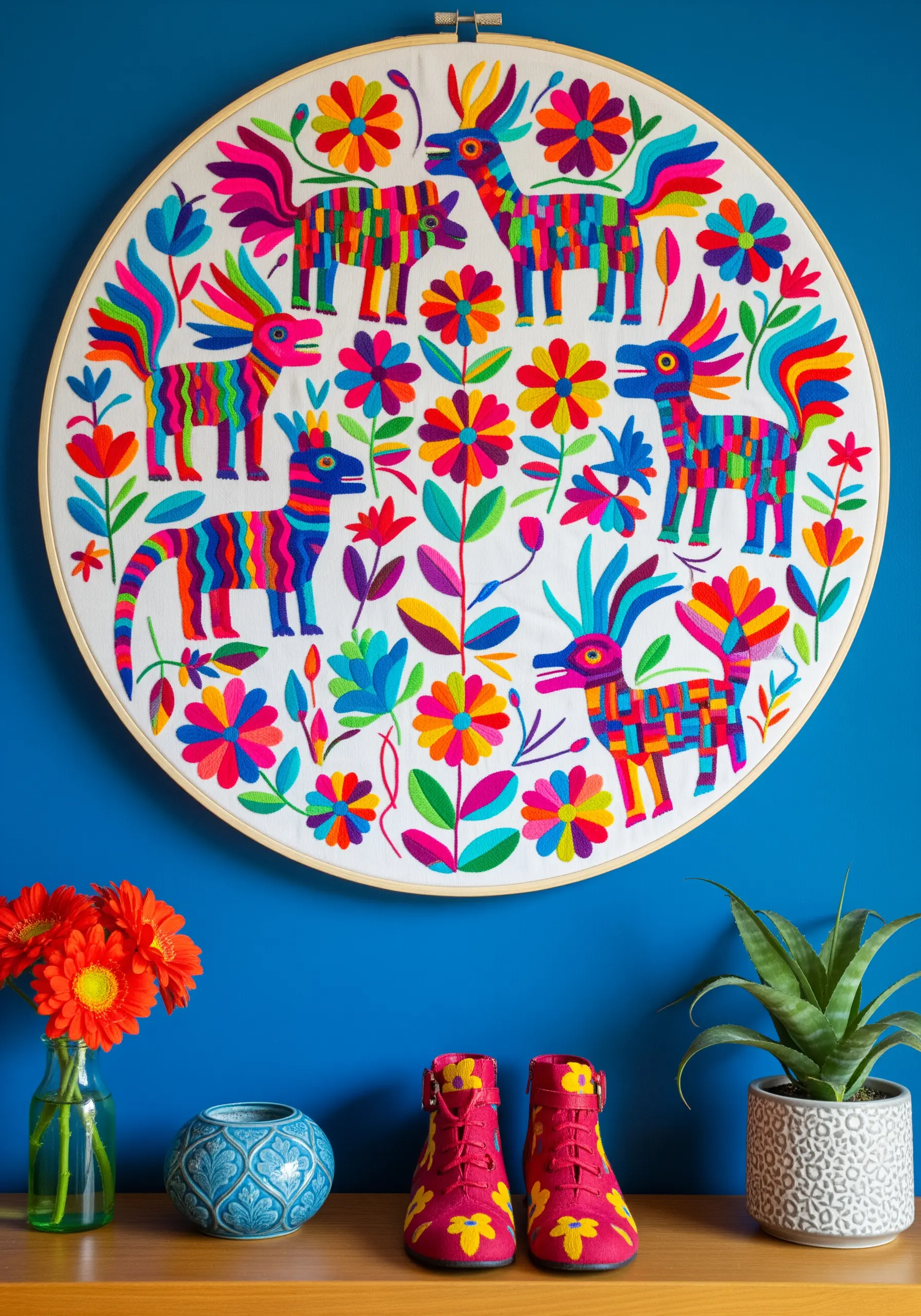 Vibrantly colored embroidery of Mexican alebrije folk art animals against a bold blue wall.