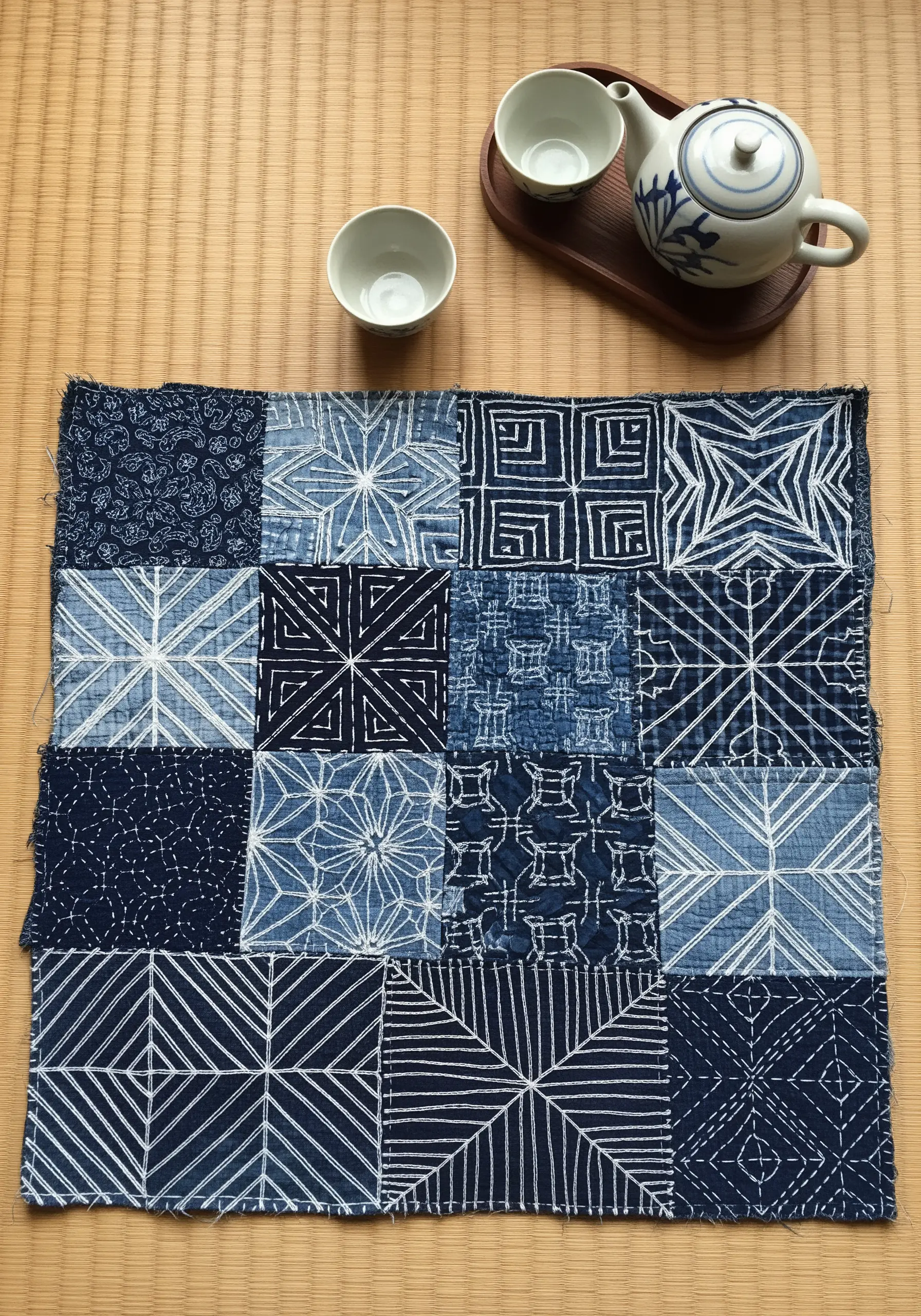 Japanese Sashiko embroidery on indigo patchwork squares with geometric patterns.