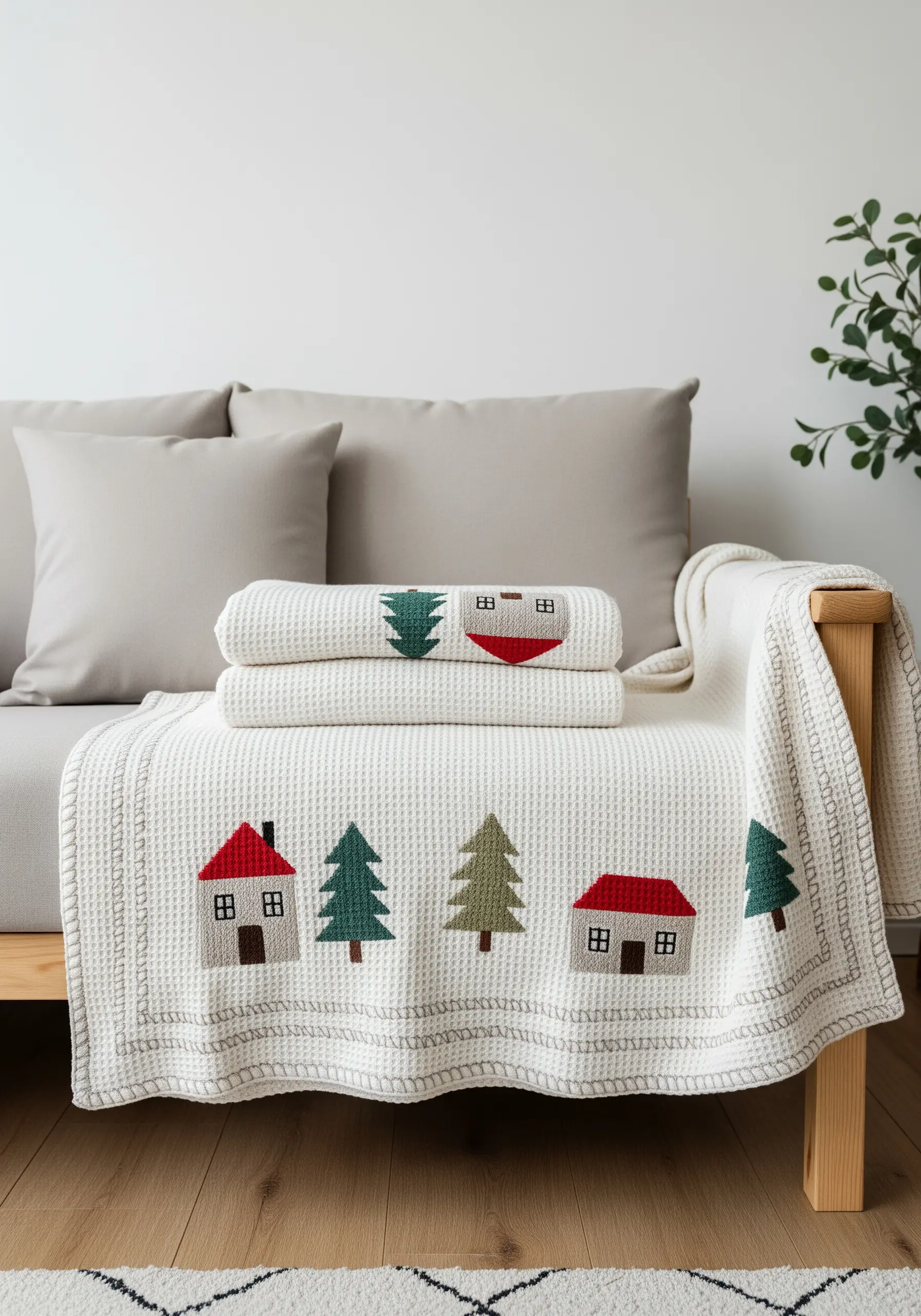 Folk-art style houses and trees embroidered on a white waffle-weave blanket.