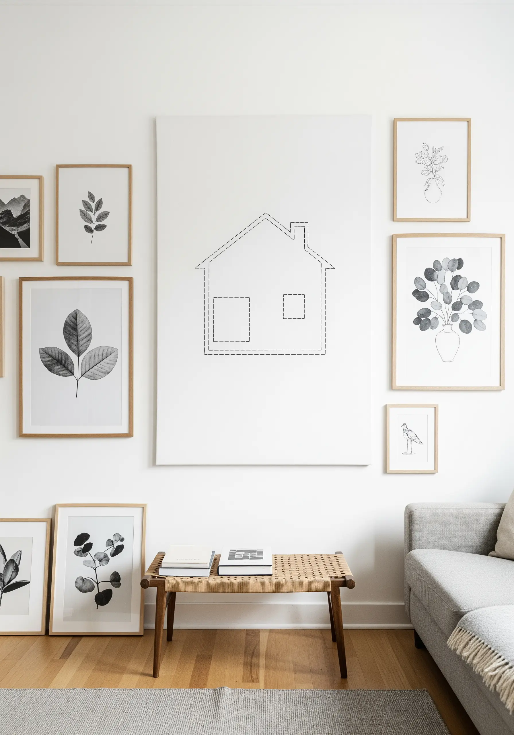 A large white canvas with a simple dashed-line house stitched in the center hangs on a gallery wall.