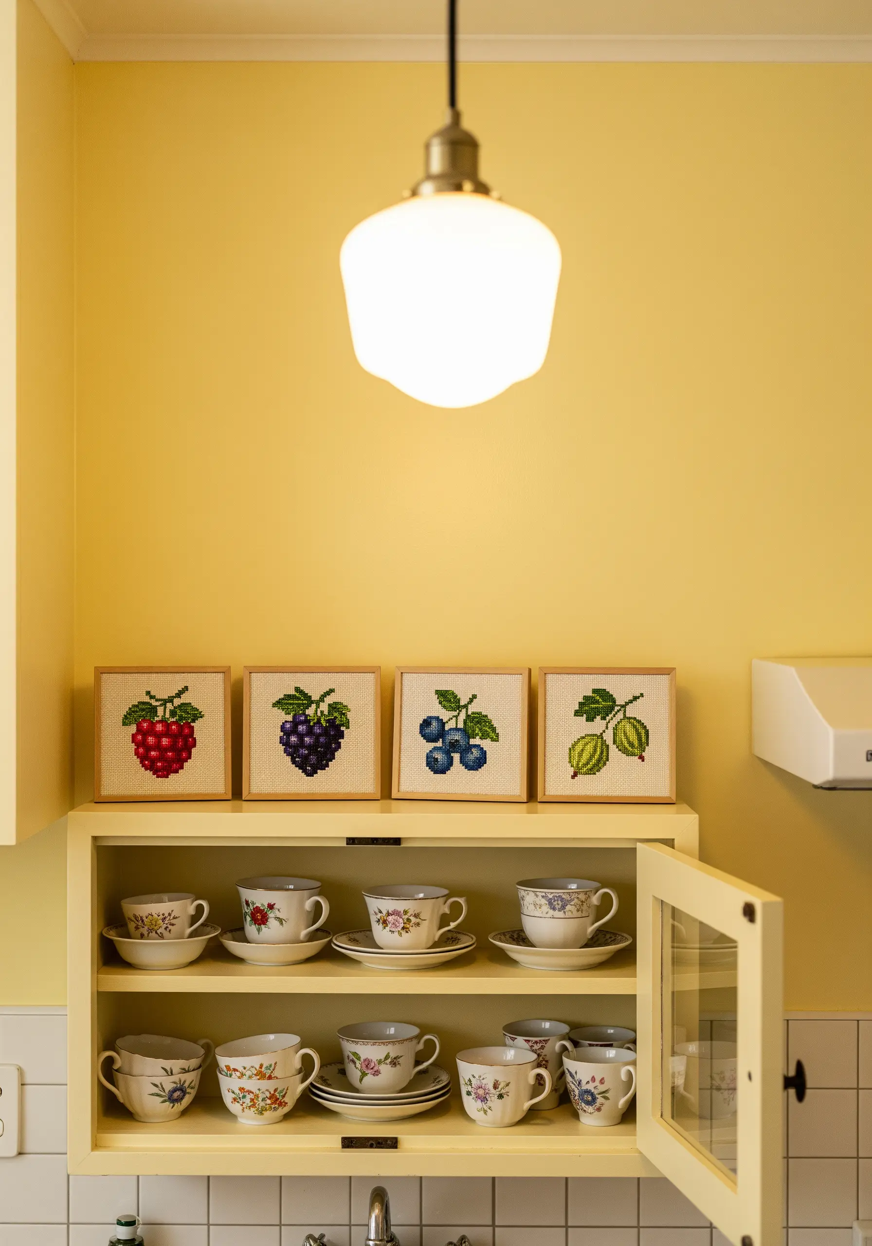 Four square-framed cross-stitch embroideries of different berries on a yellow kitchen shelf.