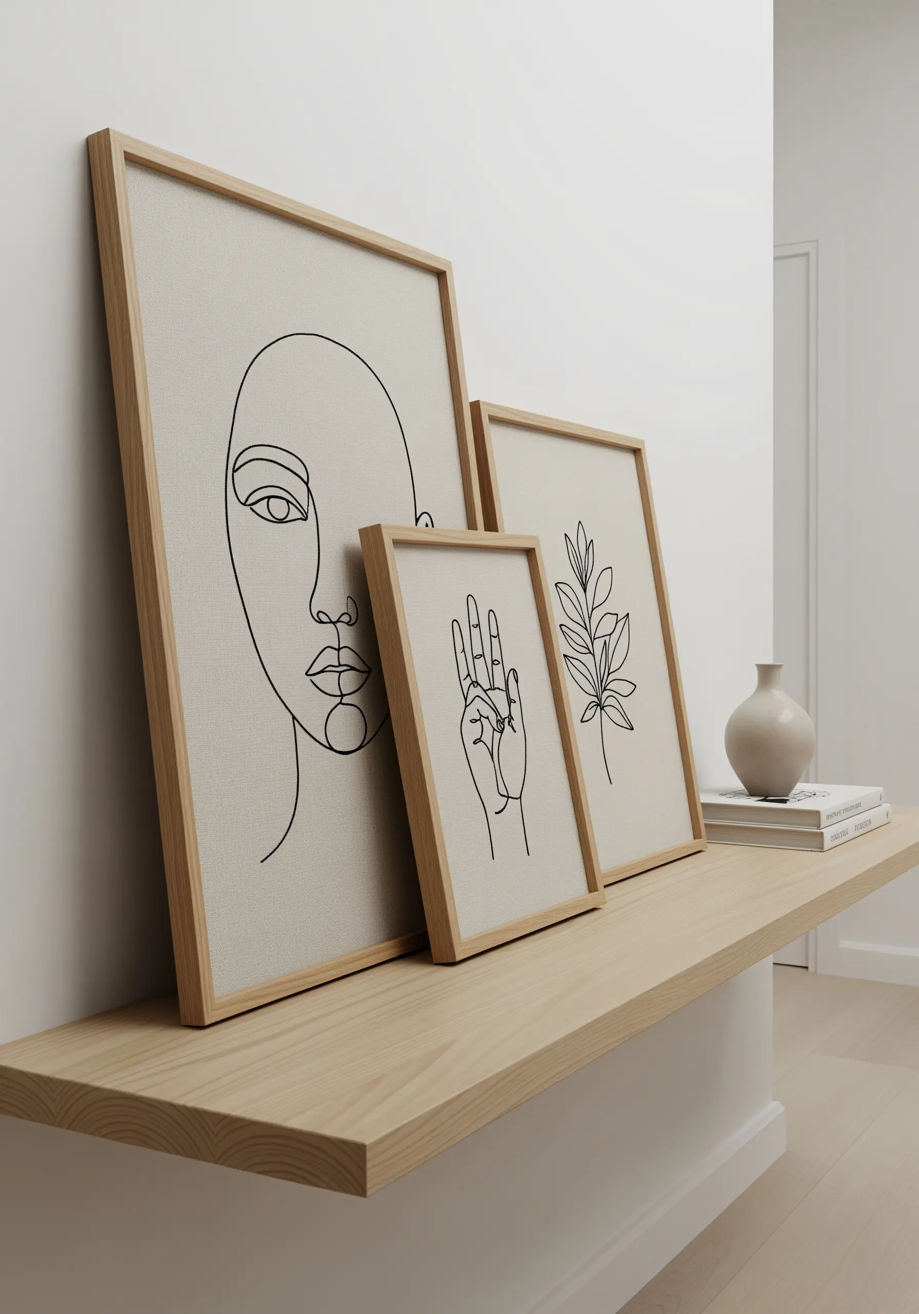 Three framed minimalist line art embroideries of a face, hand, and plant leaning on a shelf