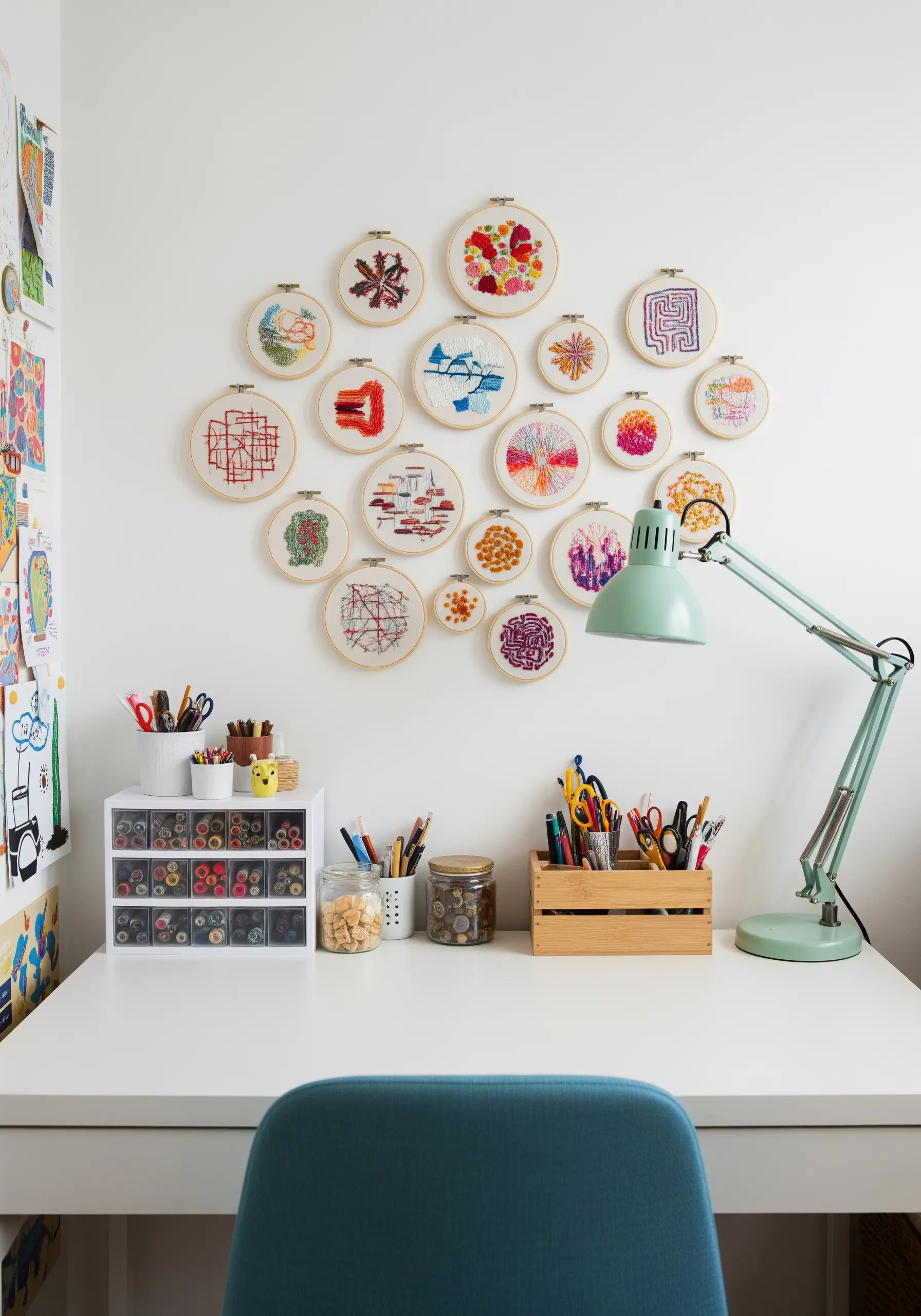 A collection of colorful abstract and experimental embroidery hoops above a craft desk.