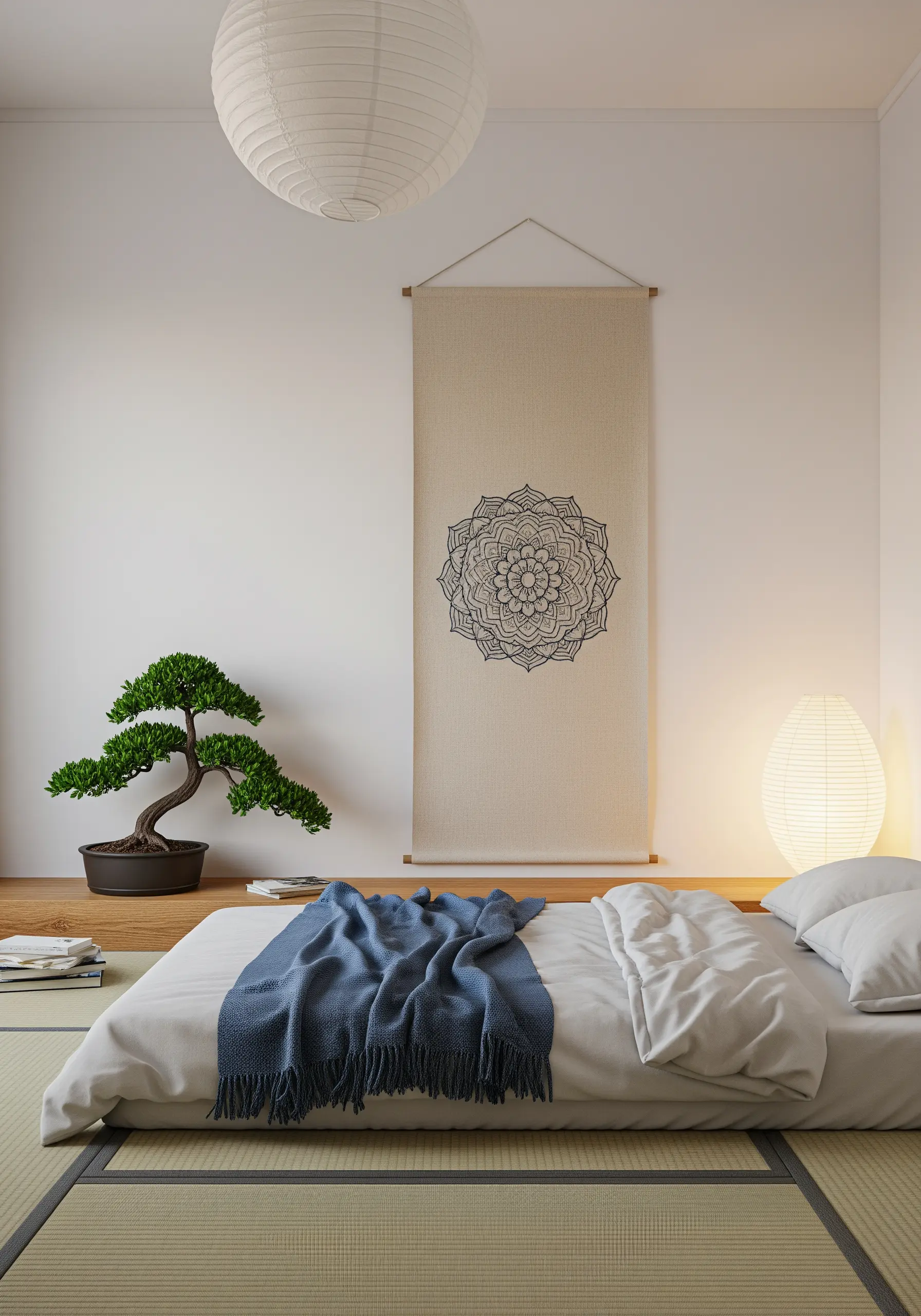 Minimalist black thread mandala on a hanging linen banner.