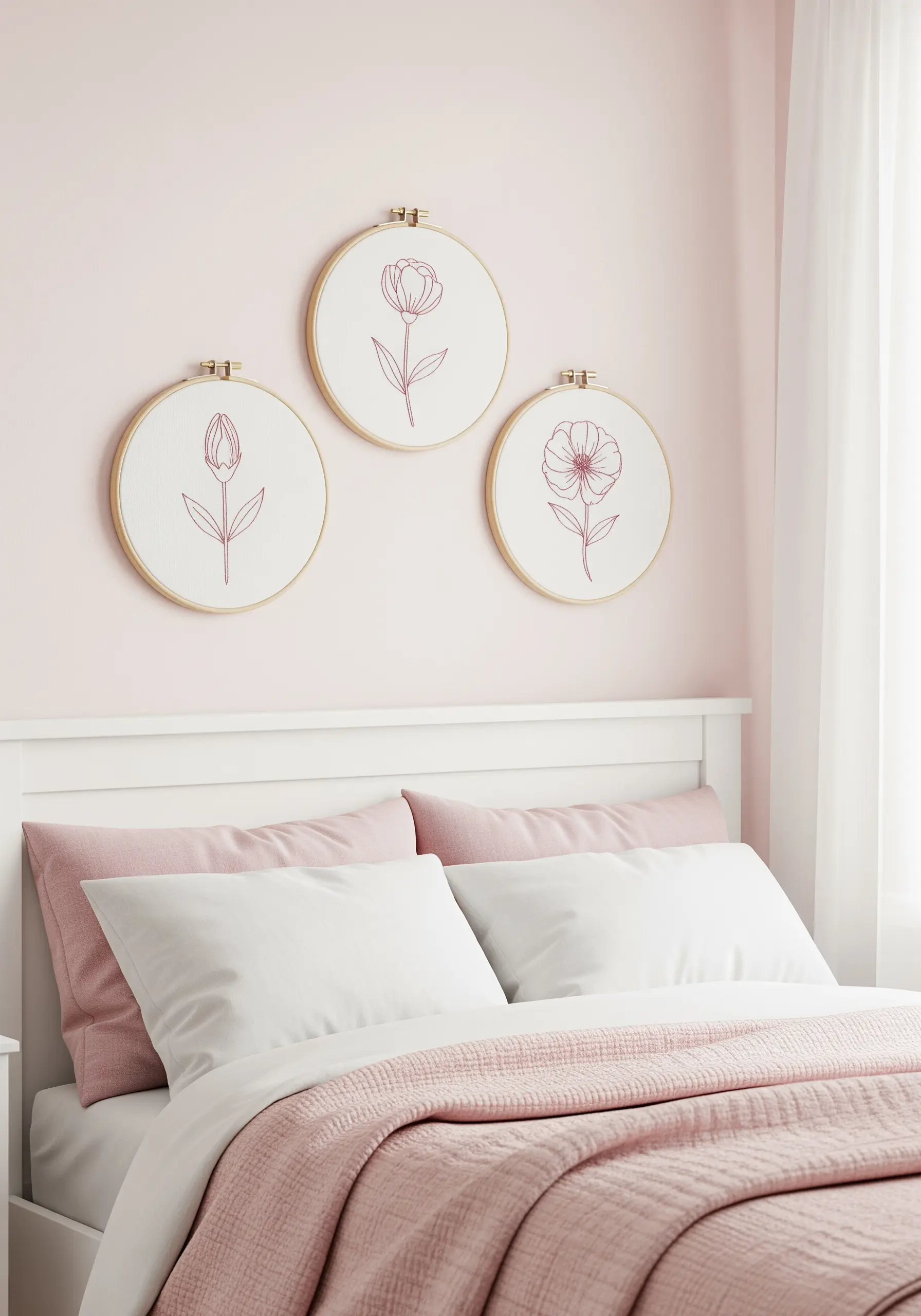 Three hoops with monochrome floral outlines embroidered in pink thread on white fabric.