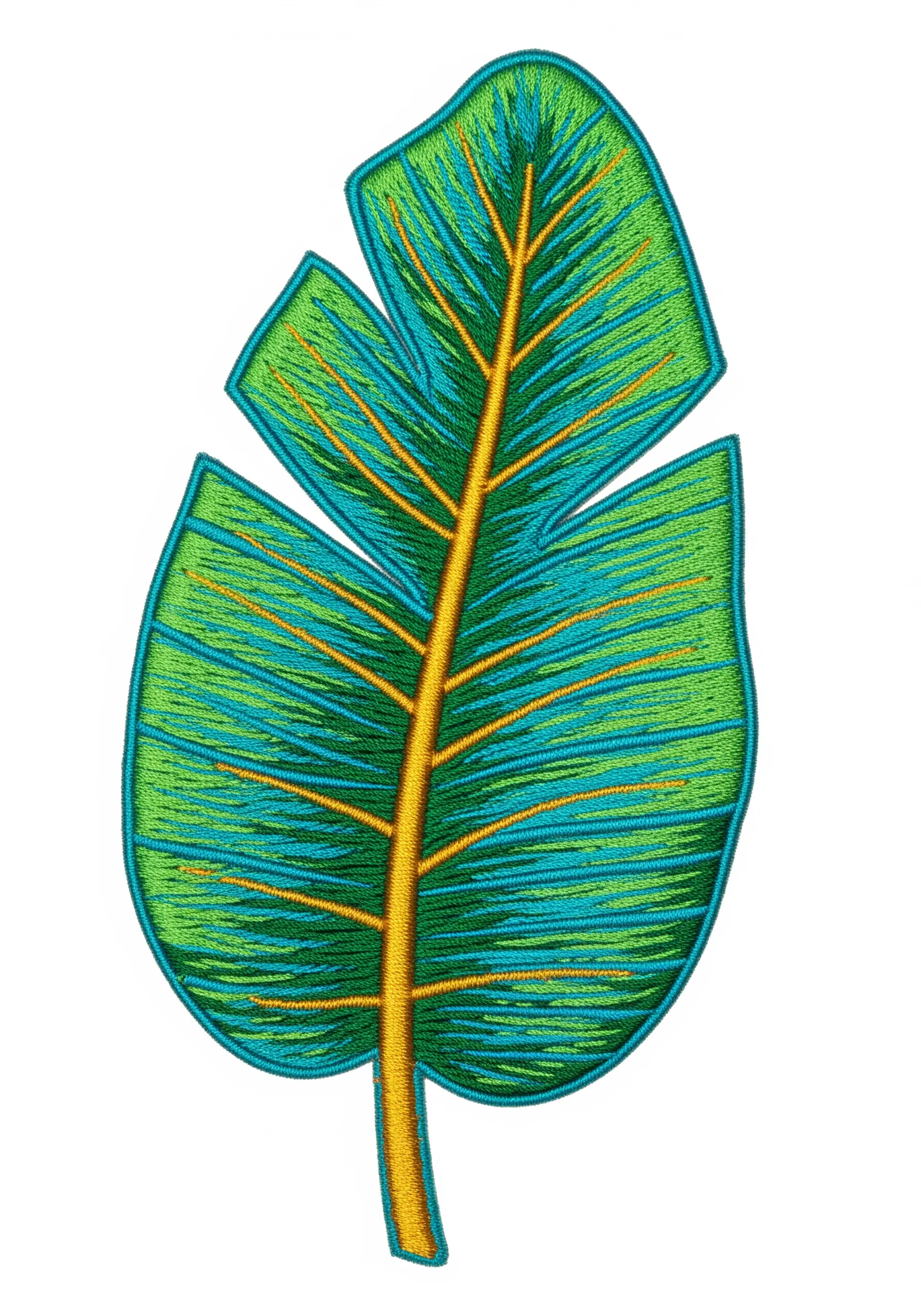 A stylized banana leaf patch embroidered in turquoise, green, and orange.
