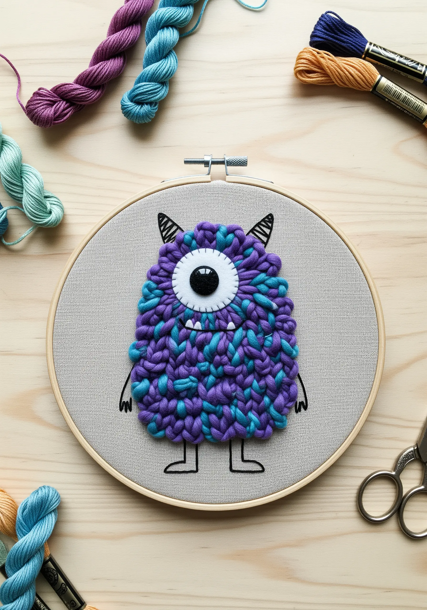 Chunky purple and blue yarn embroidery of a fluffy monster in a hoop.