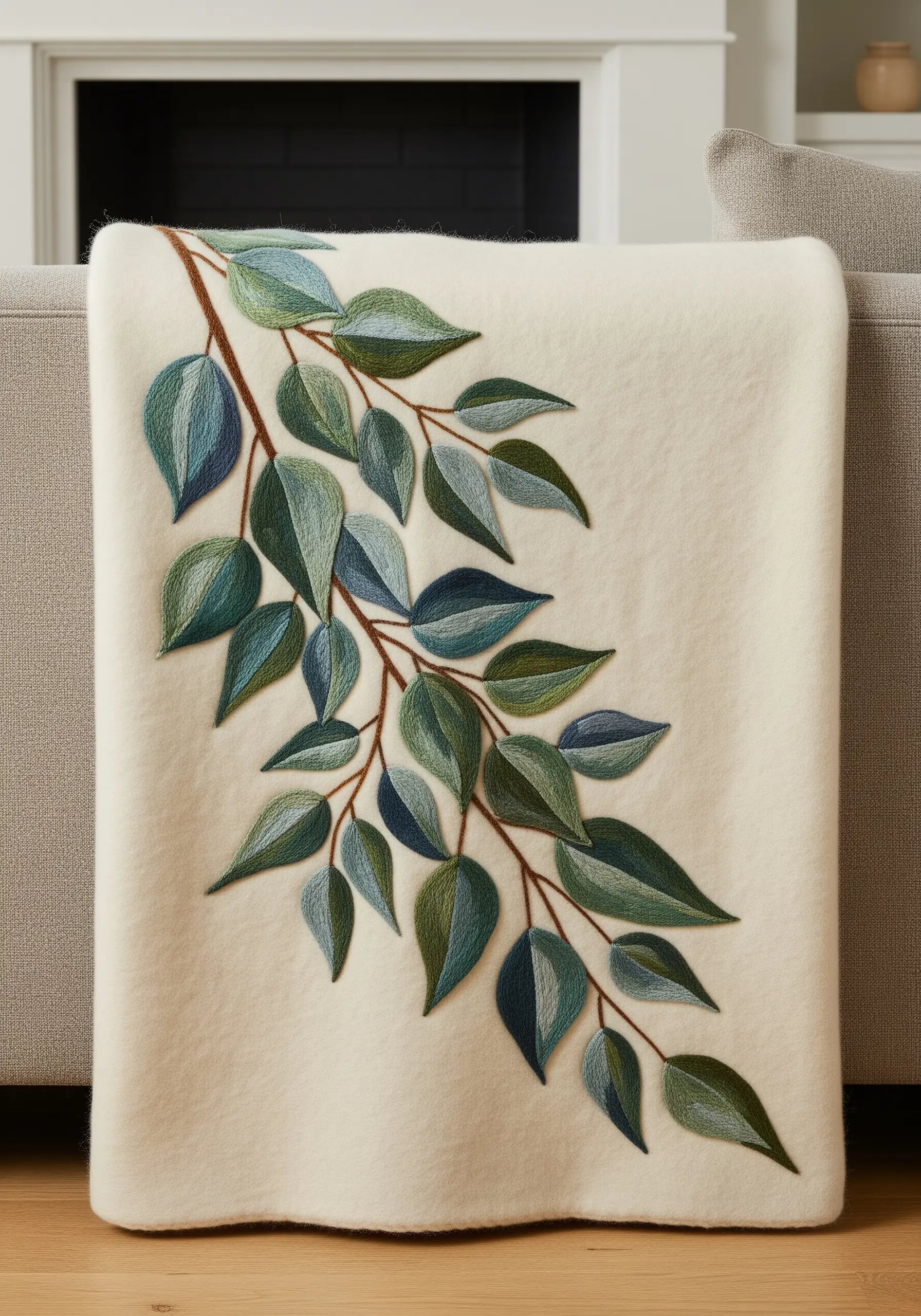 A cream-colored wool blanket with a large, embroidered branch of blue-green eucalyptus leaves.