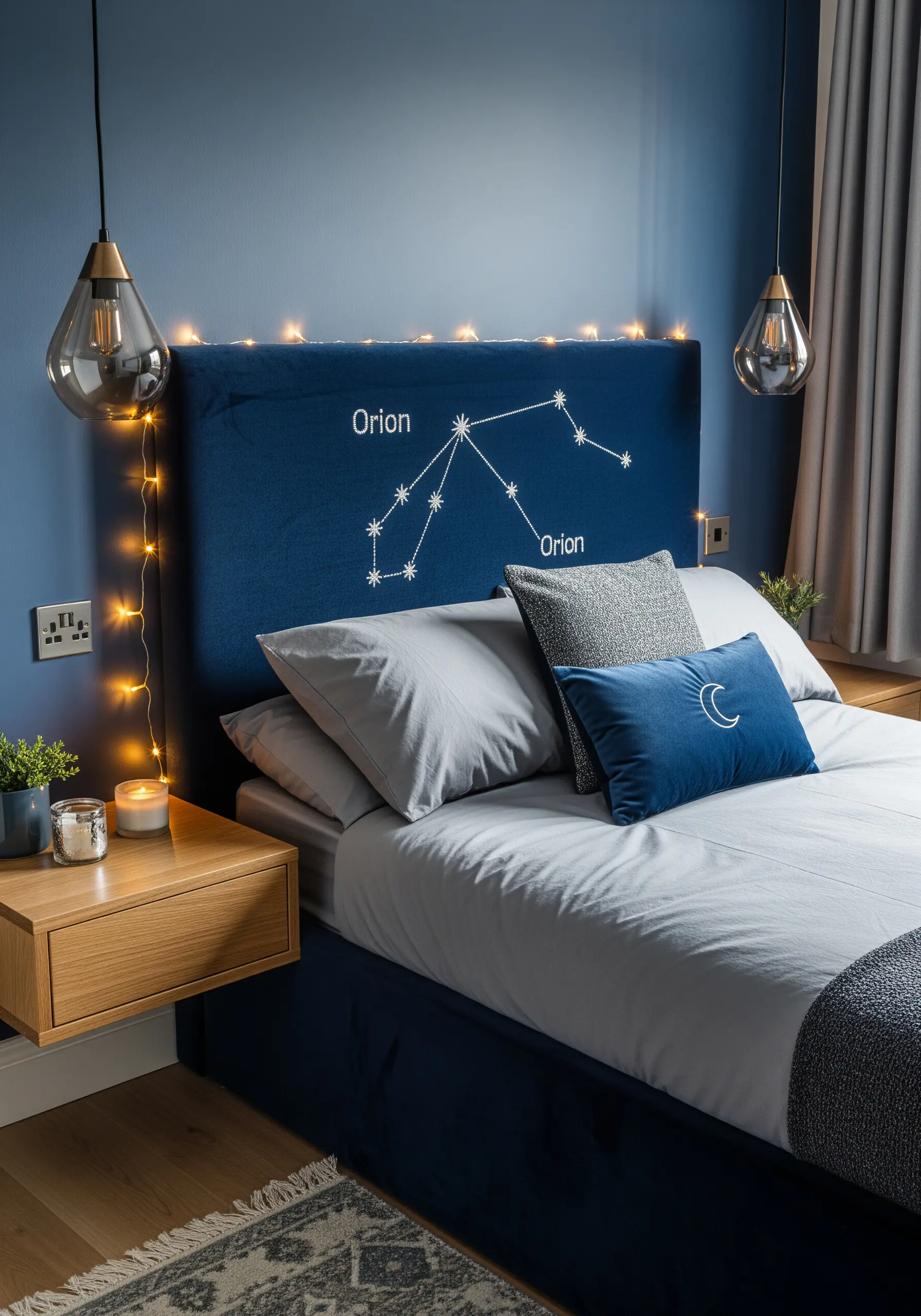 A large Orion constellation embroidered in white thread on a dark blue velvet headboard.