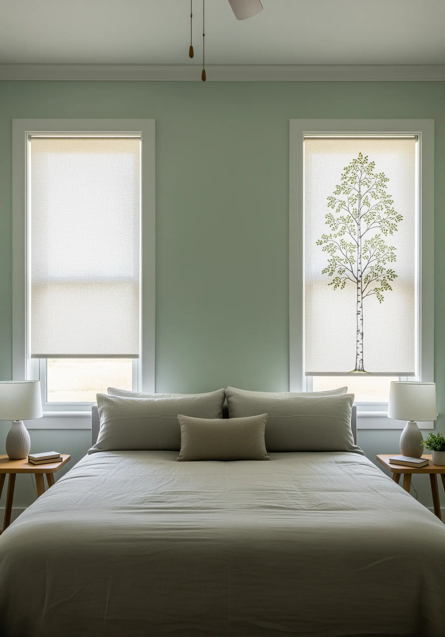 A linen roller blind with a tall, delicate birch tree embroidered on it.