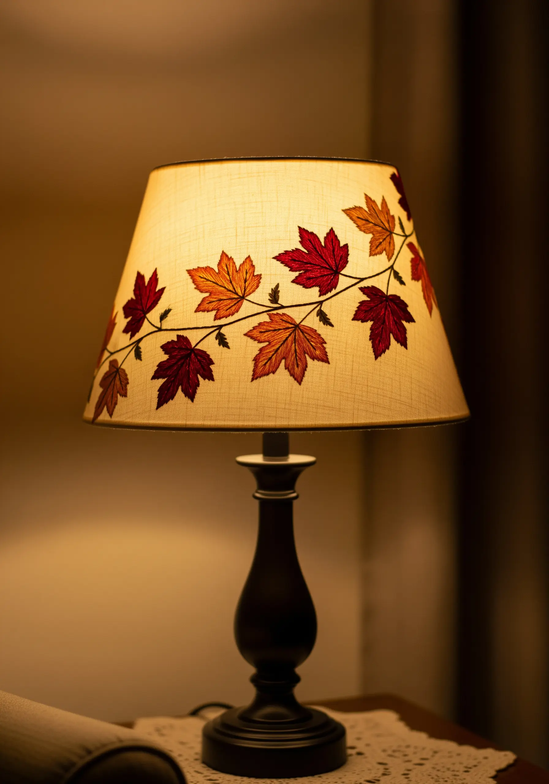 A fabric lampshade illuminated from within, featuring an embroidered vine of autumn leaves.