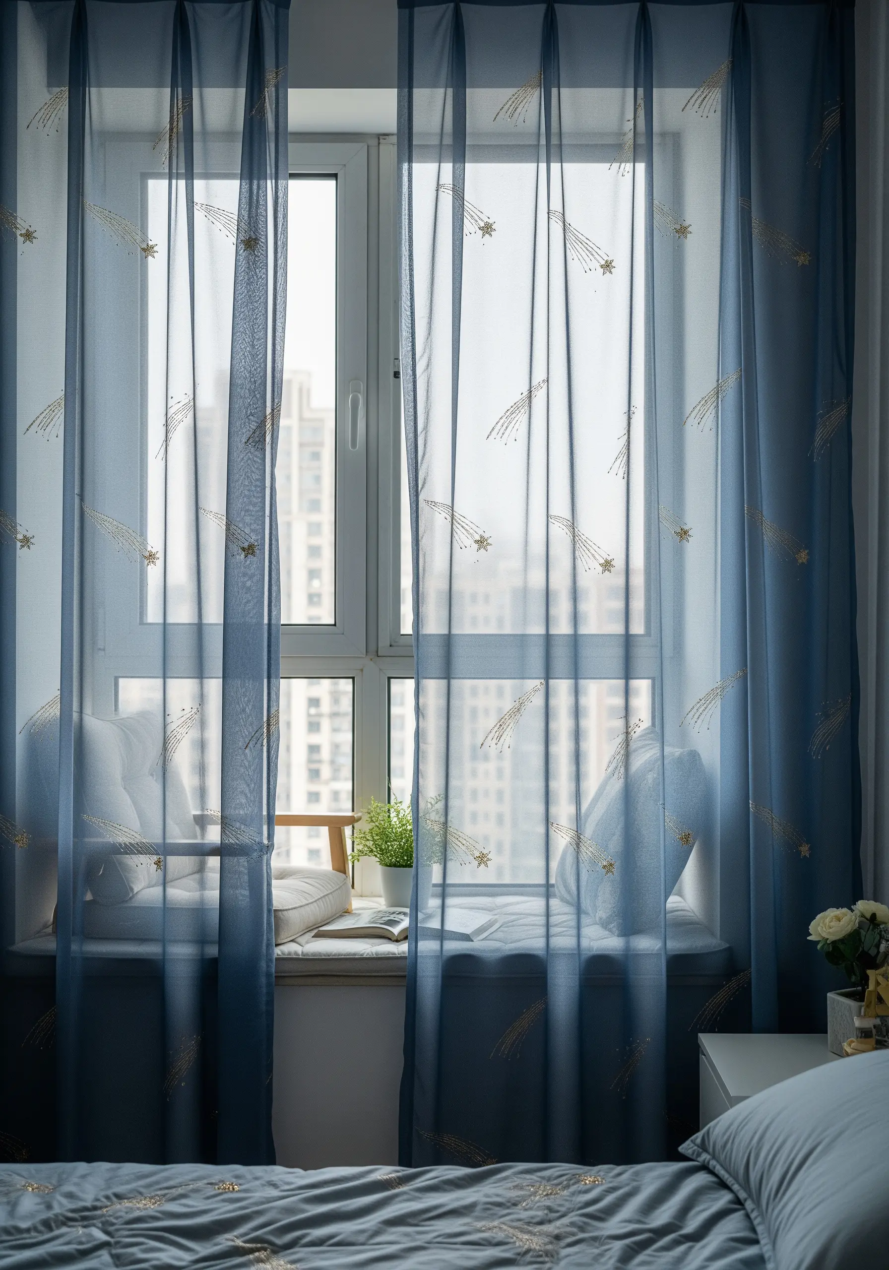 Delicate shooting stars embroidered in gold thread on sheer blue bedroom curtains.
