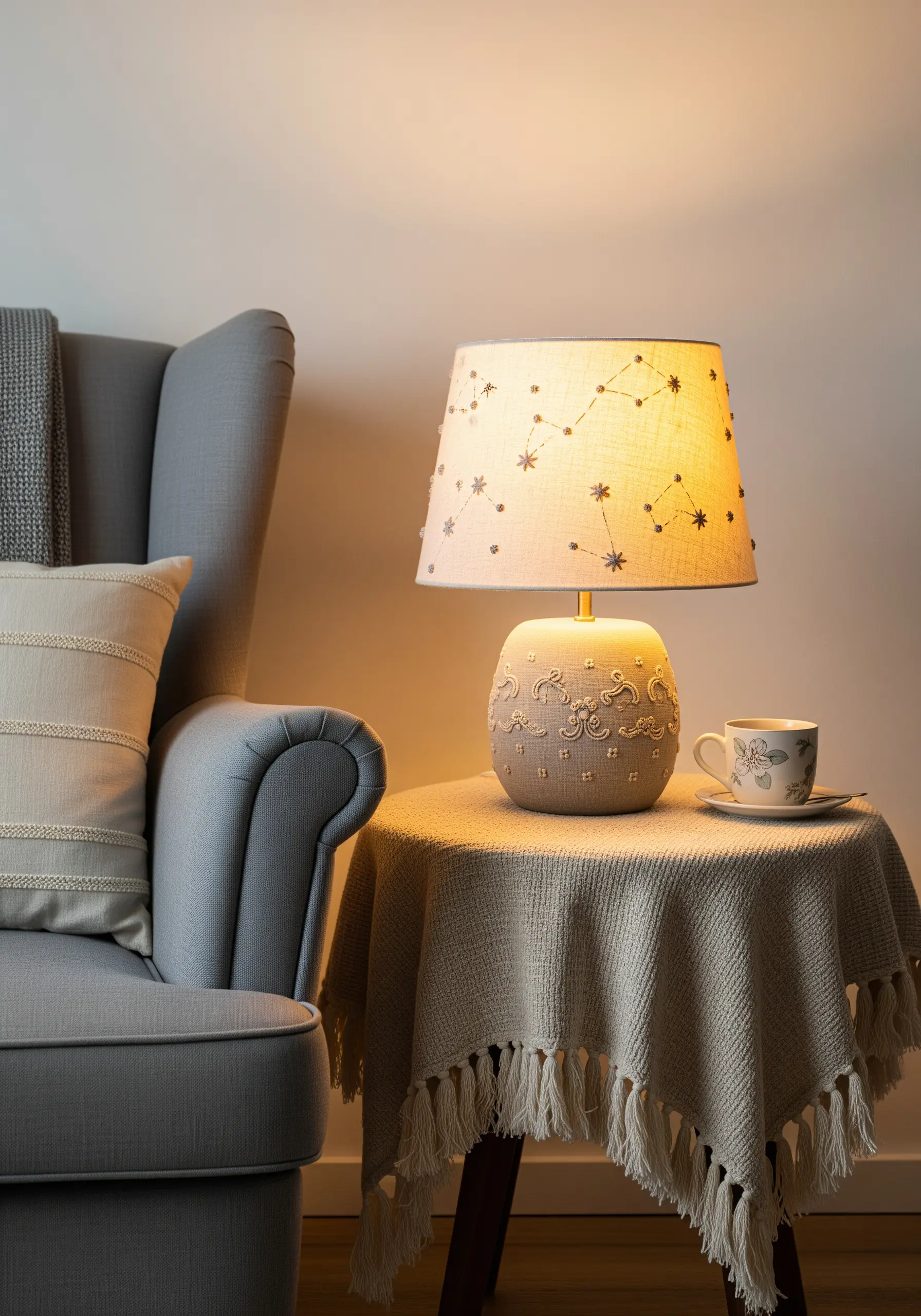 A neutral lampshade decorated with embroidered star constellations that glow