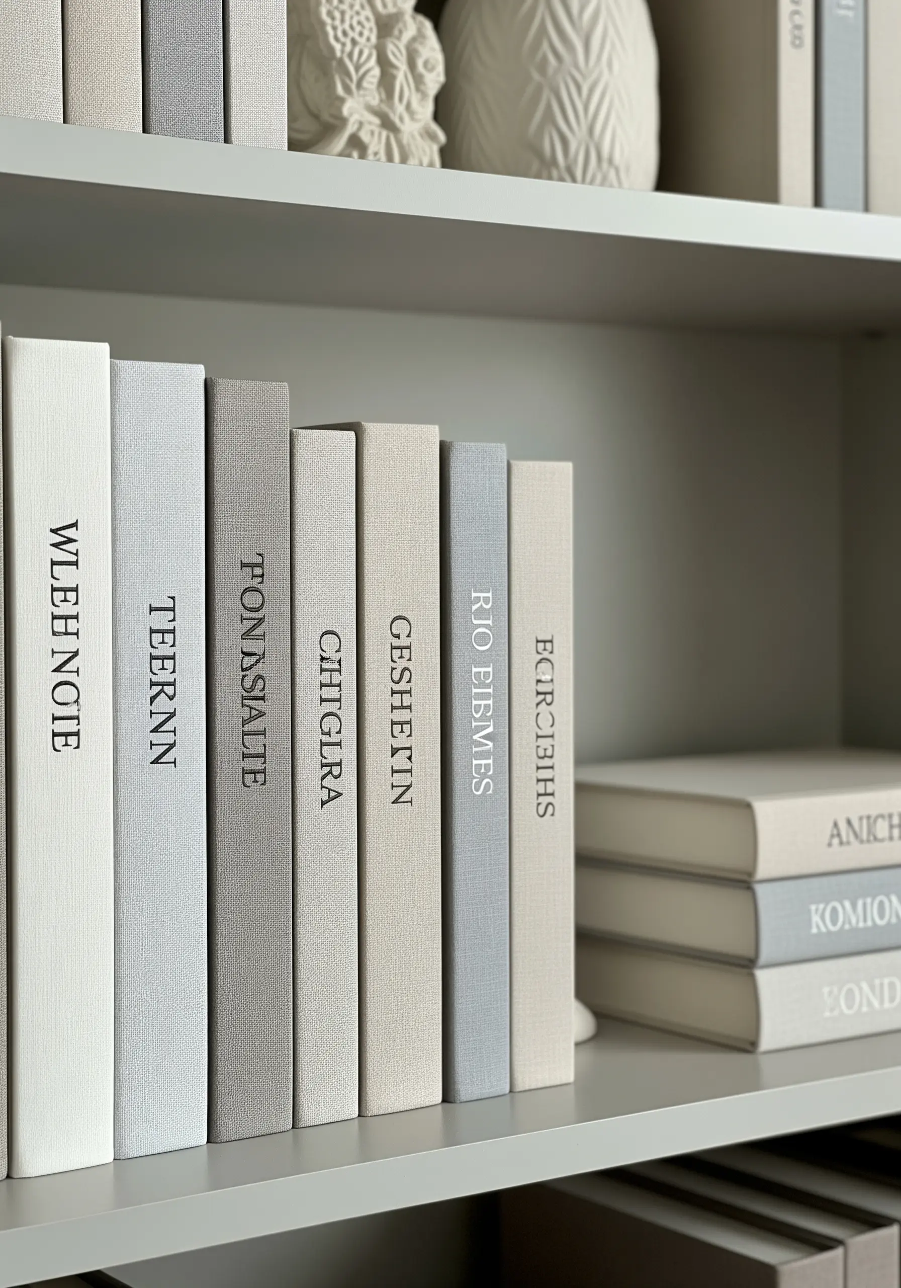 Book spines covered in neutral fabrics with titles embroidered in a simple, clean font.