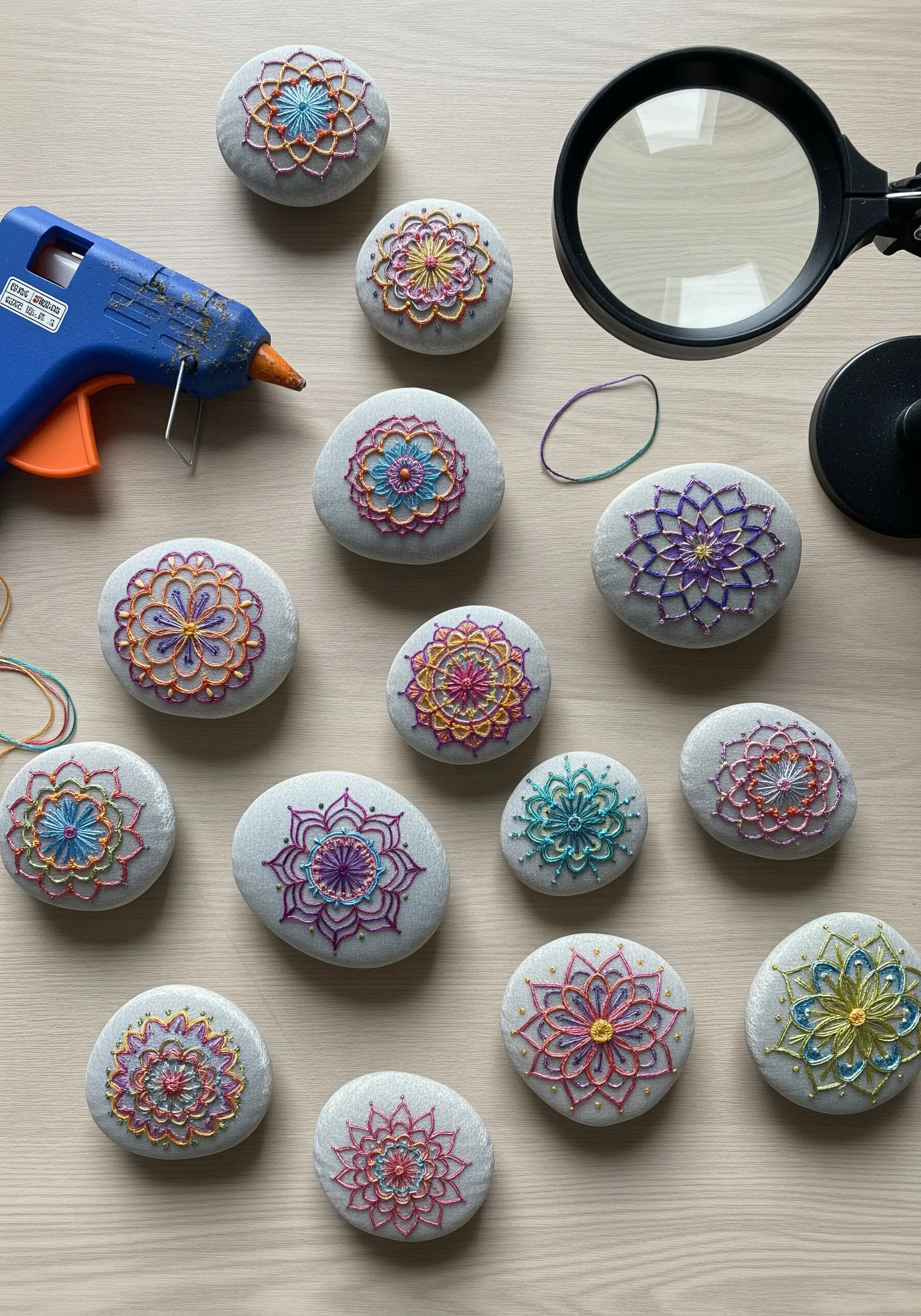 Smooth grey stones covered with fabric and decorated with colorful embroidered mandala patterns.