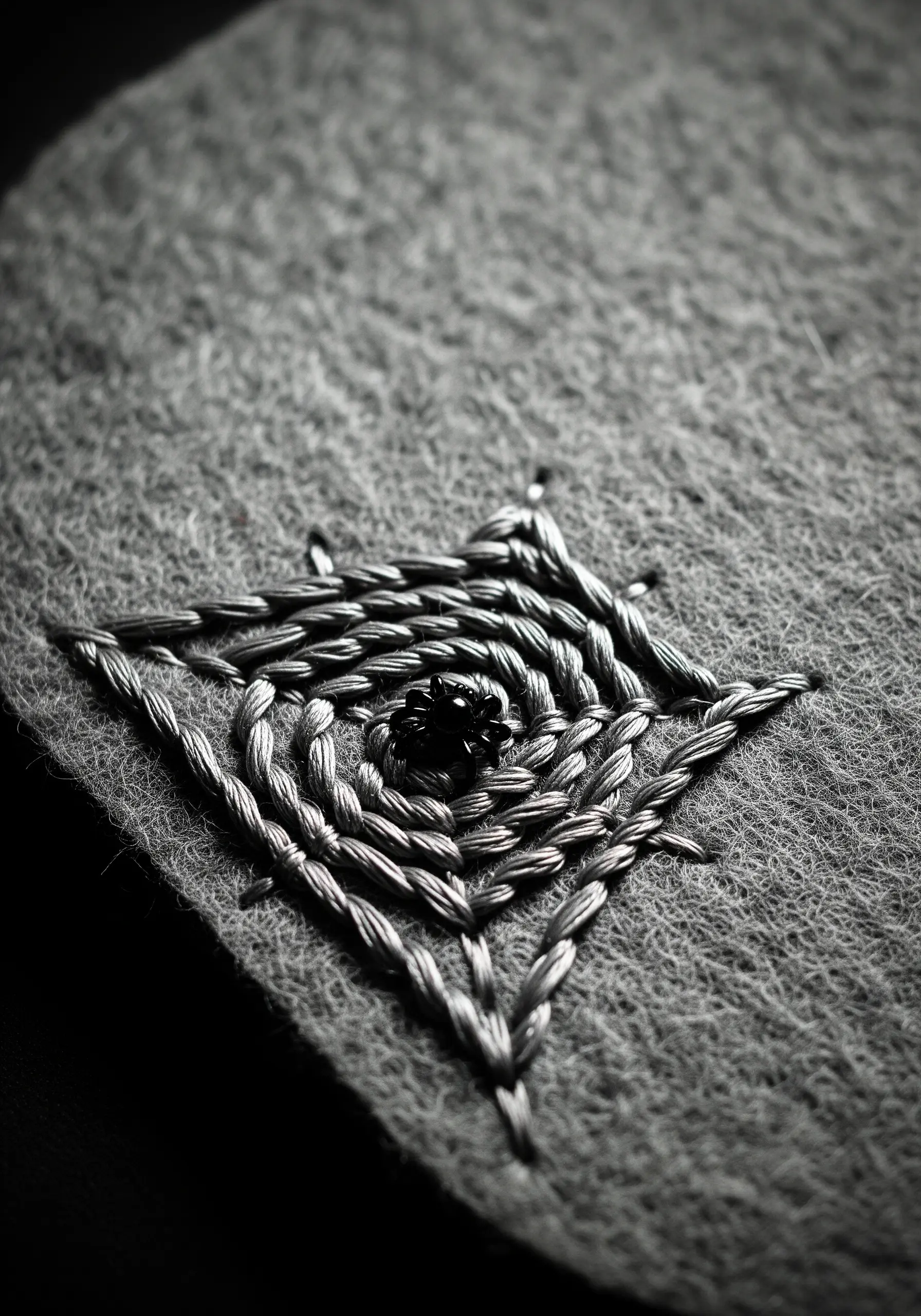 A high-sheen, twisted rope stitch spiral in silver thread on a dark grey felt background.