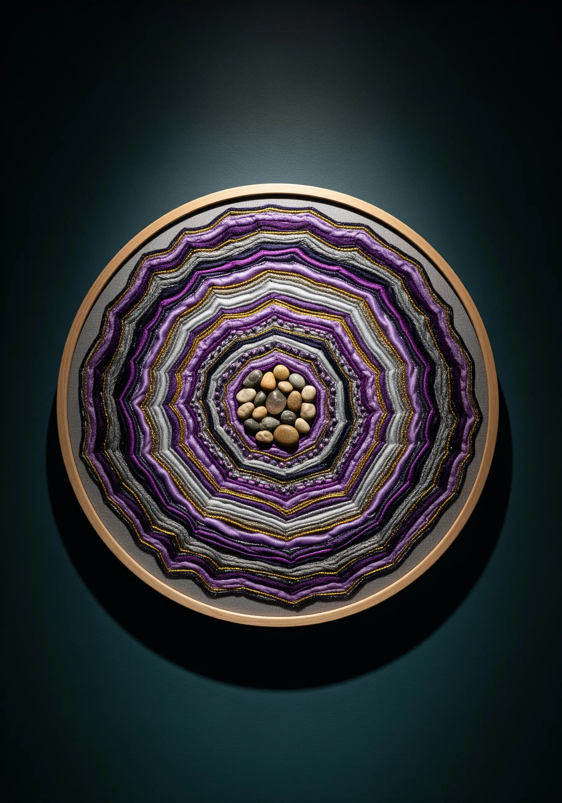 A circular embroidery piece with concentric rings of purple, silver, and gold thread, resembling a geode.