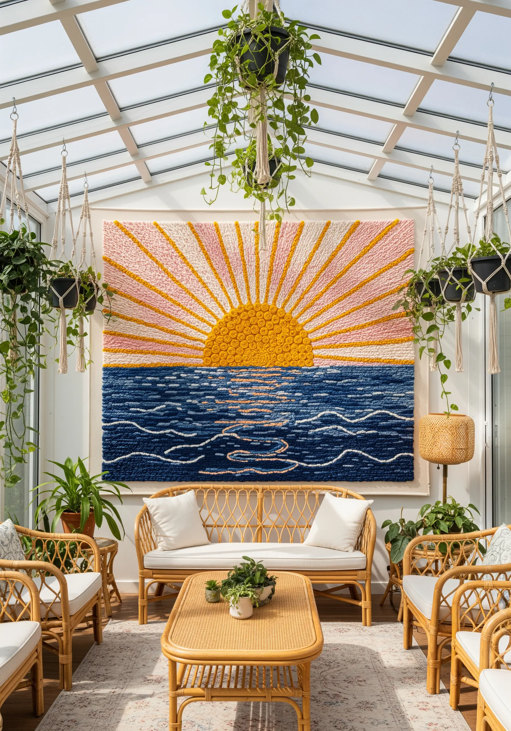 A large, highly textured embroidery of a sunset over water, with a nubby, punch-needle look.