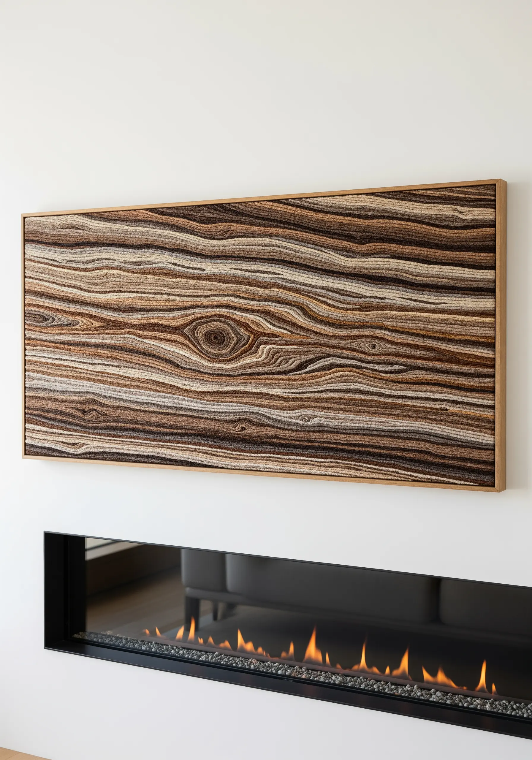 A large, framed embroidery piece depicting realistic wood grain with flowing lines of thread.