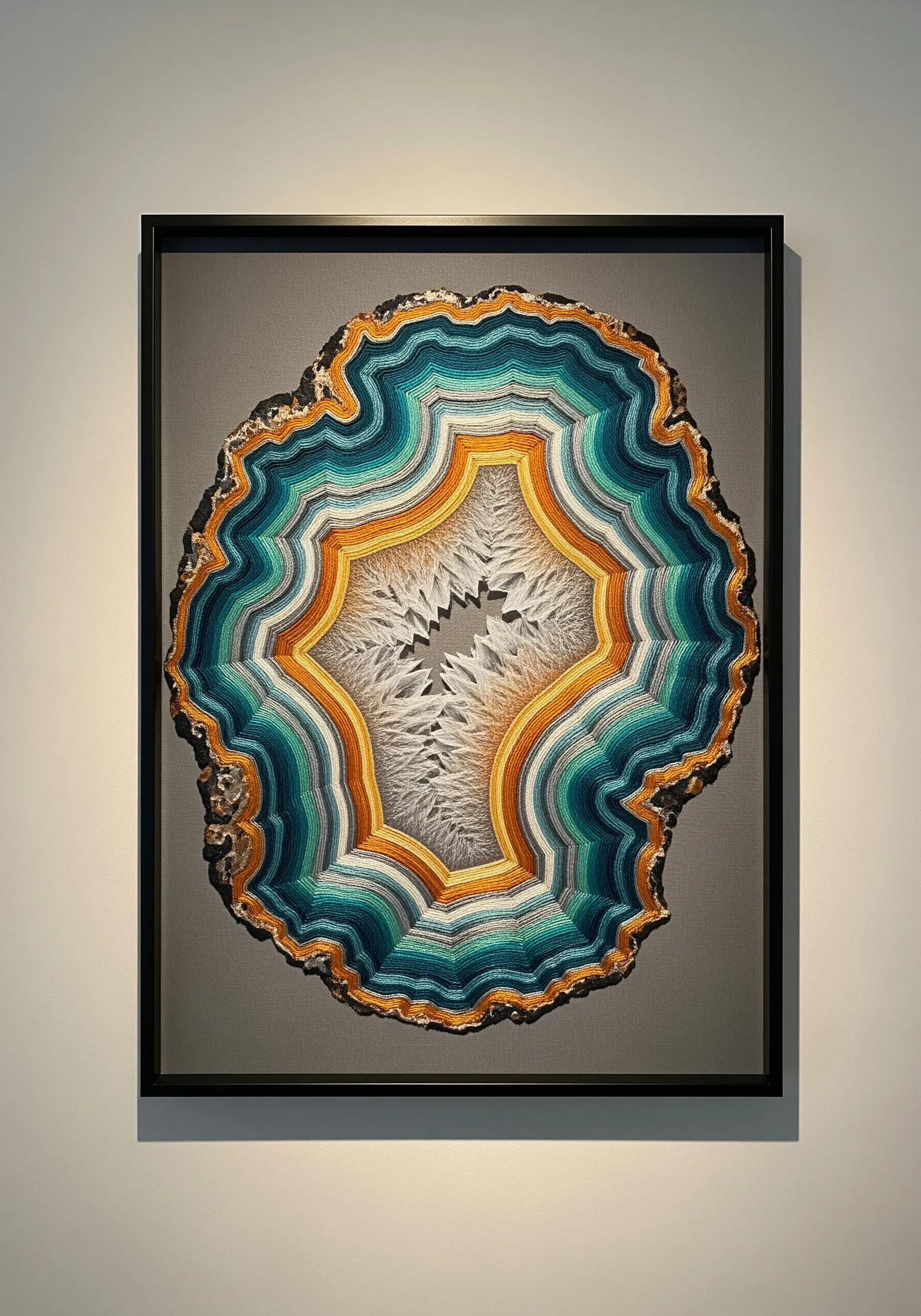 An embroidered agate slice with concentric rings of blue, green, and gold.