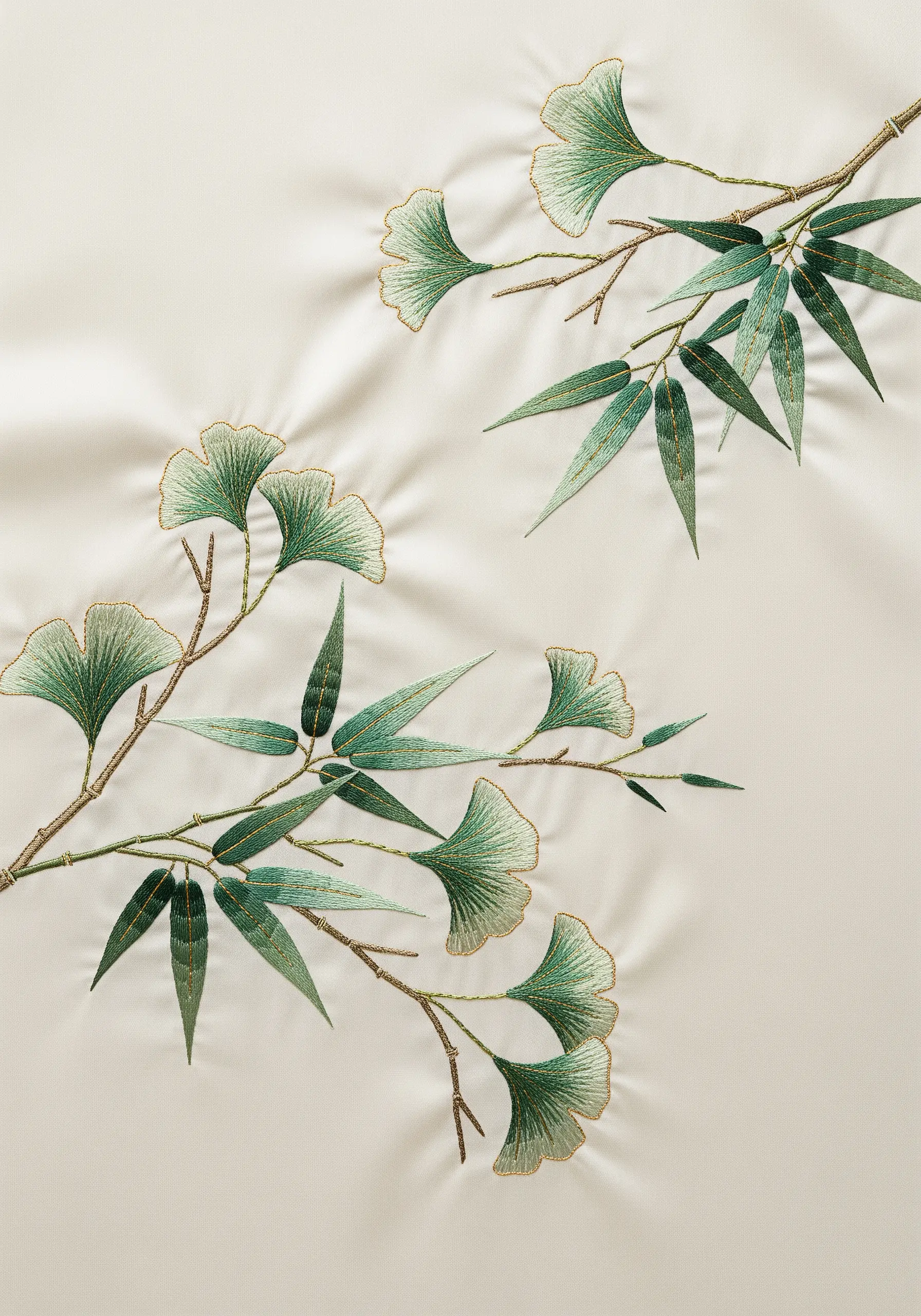 Delicate embroidery of green ginkgo and bamboo leaves on a cream-colored silk fabric.