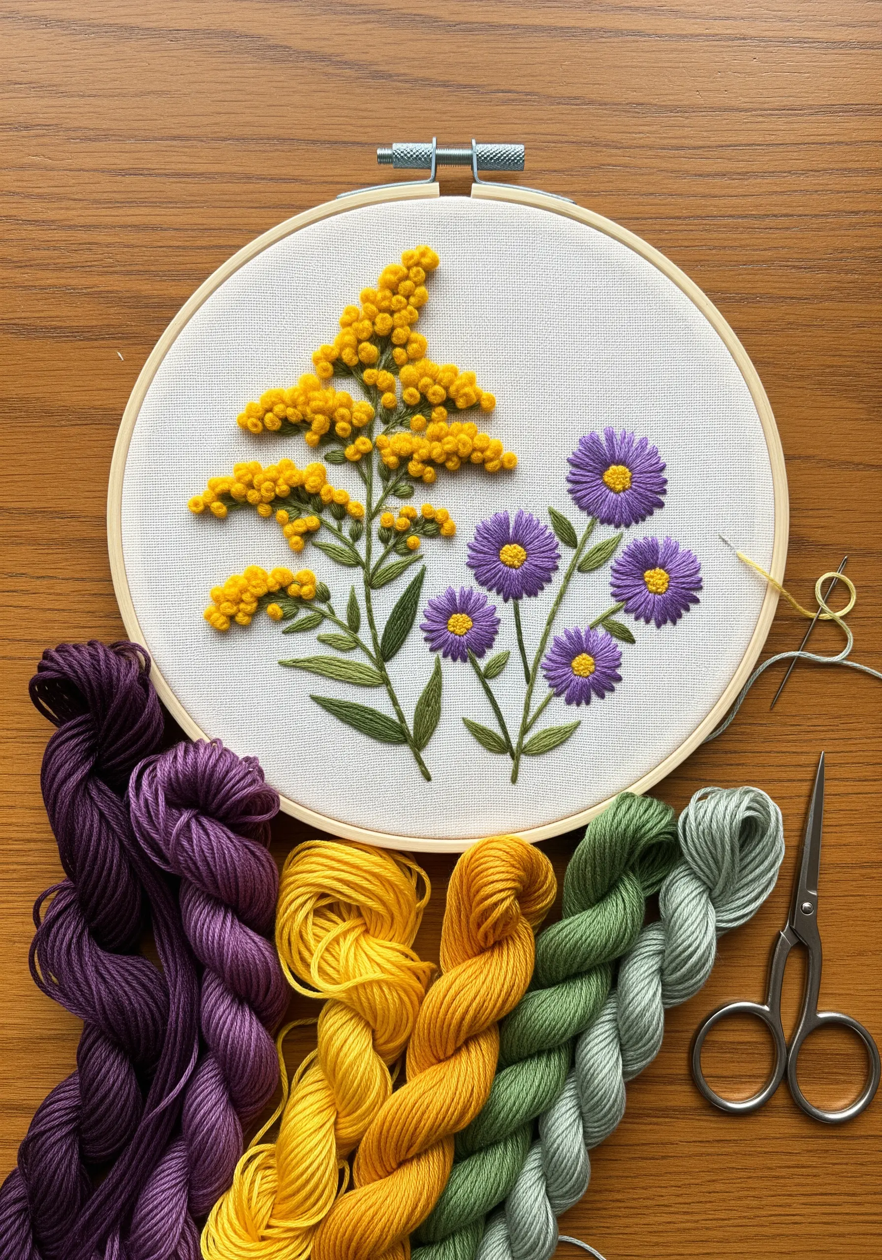 An embroidery hoop with yellow goldenrod and purple asters, with corresponding thread skeins below