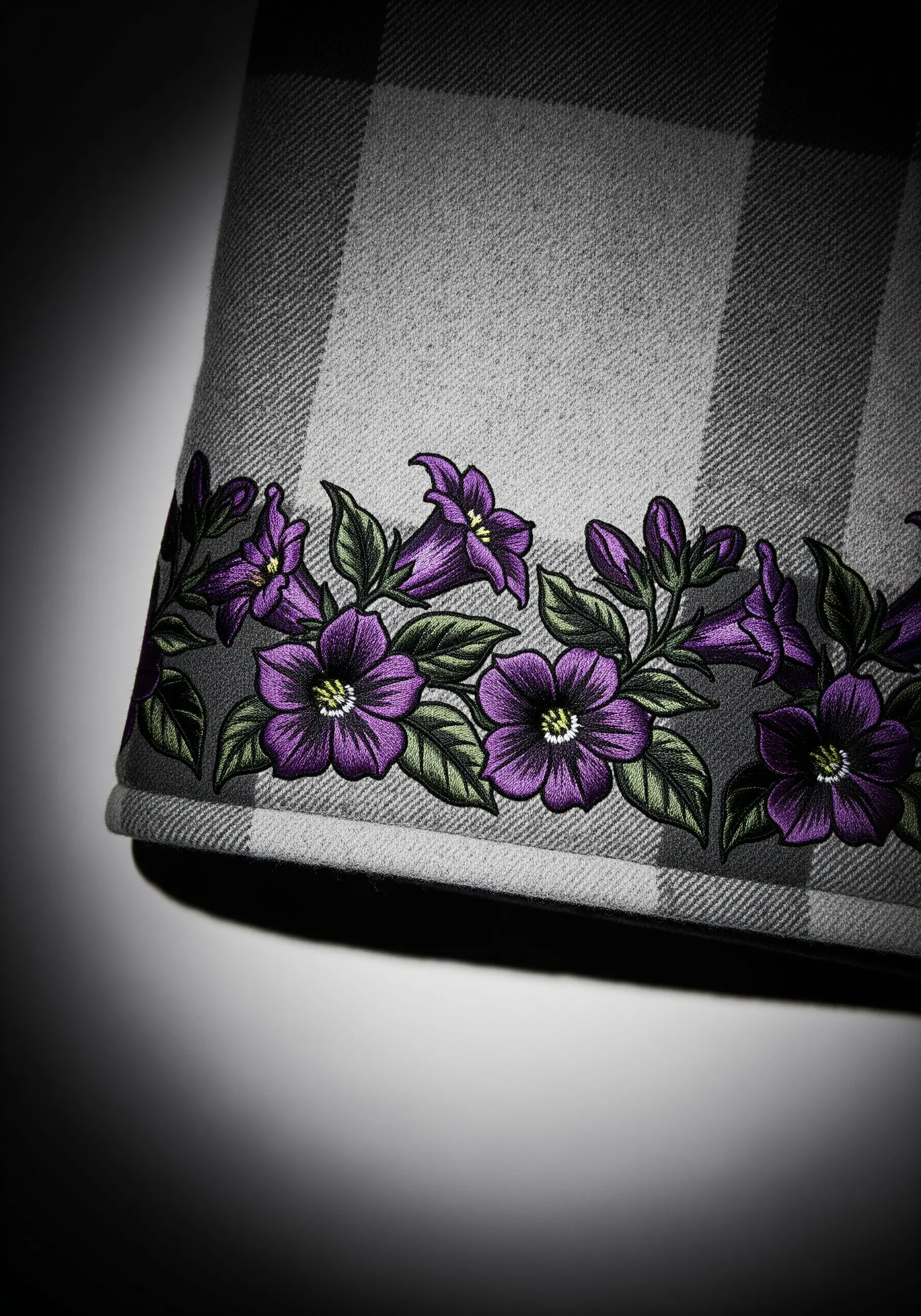 Bold purple floral embroidery with dark outlines on a grey plaid fabric cuff
