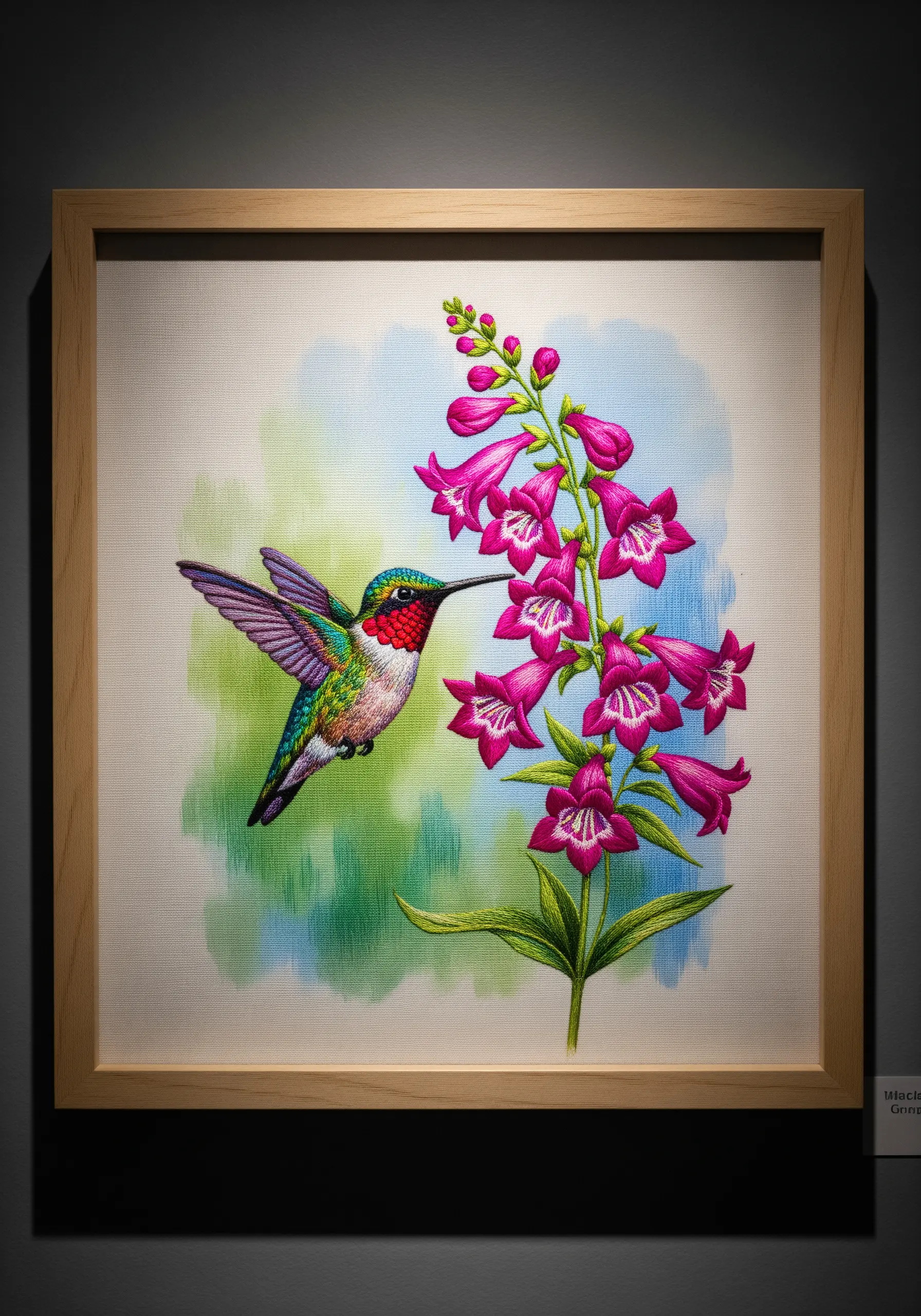 A thread-painted hummingbird and foxglove flowers set against a soft watercolor background