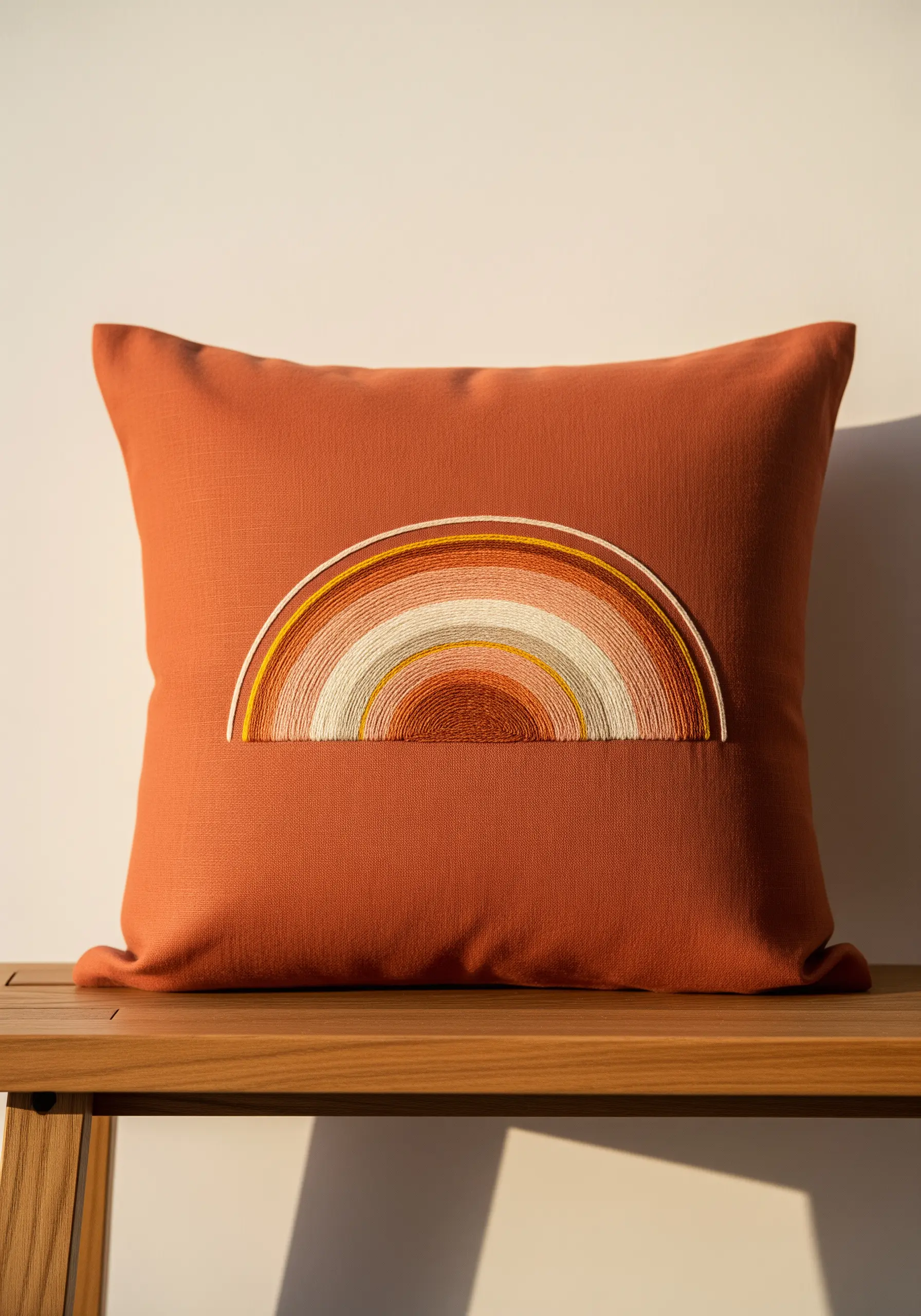 A minimalist embroidered rainbow with clean satin stitch bands on a terracotta pillow.