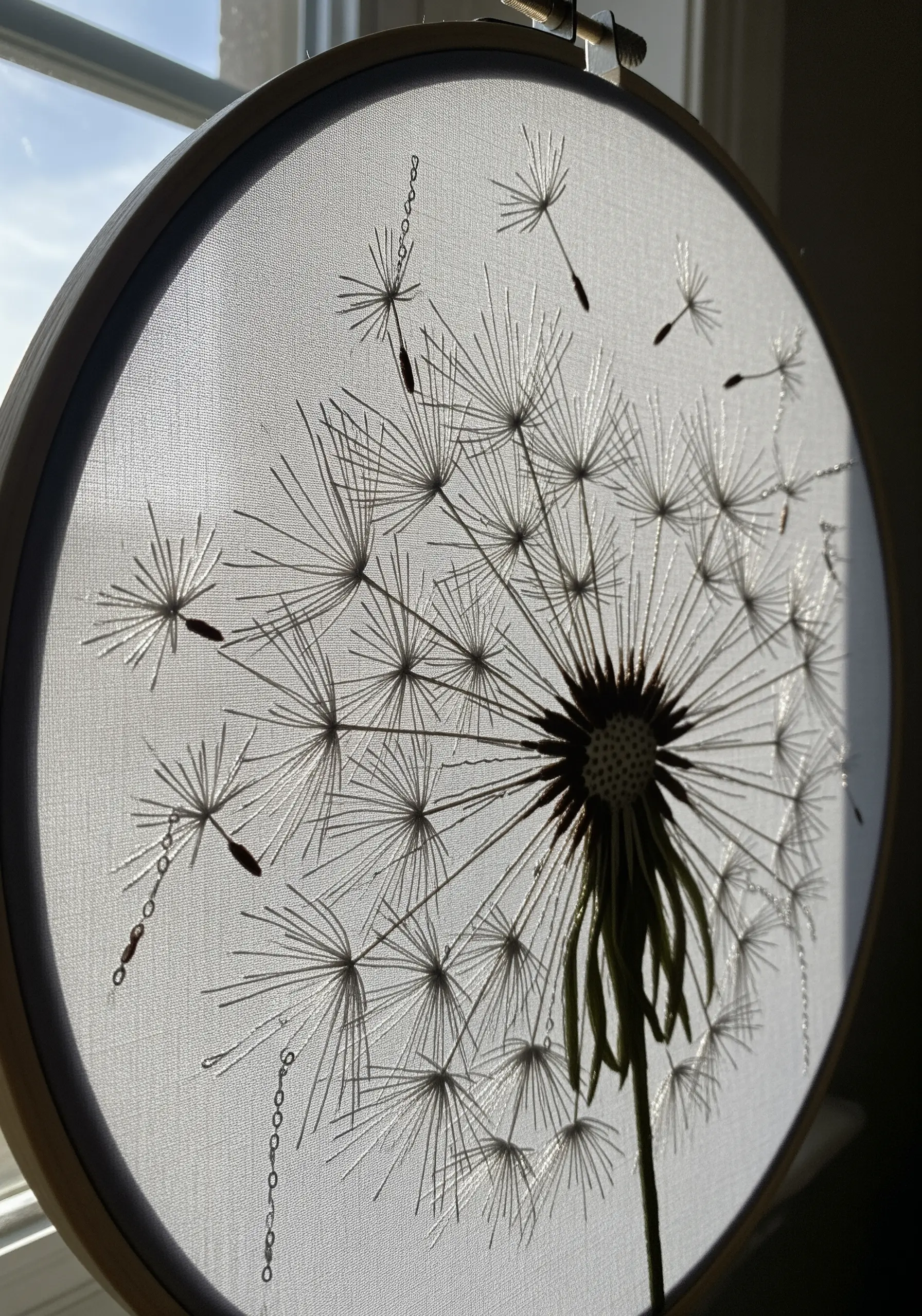 A dandelion seed head embroidered on sheer fabric, backlit by sunlight to show detail.