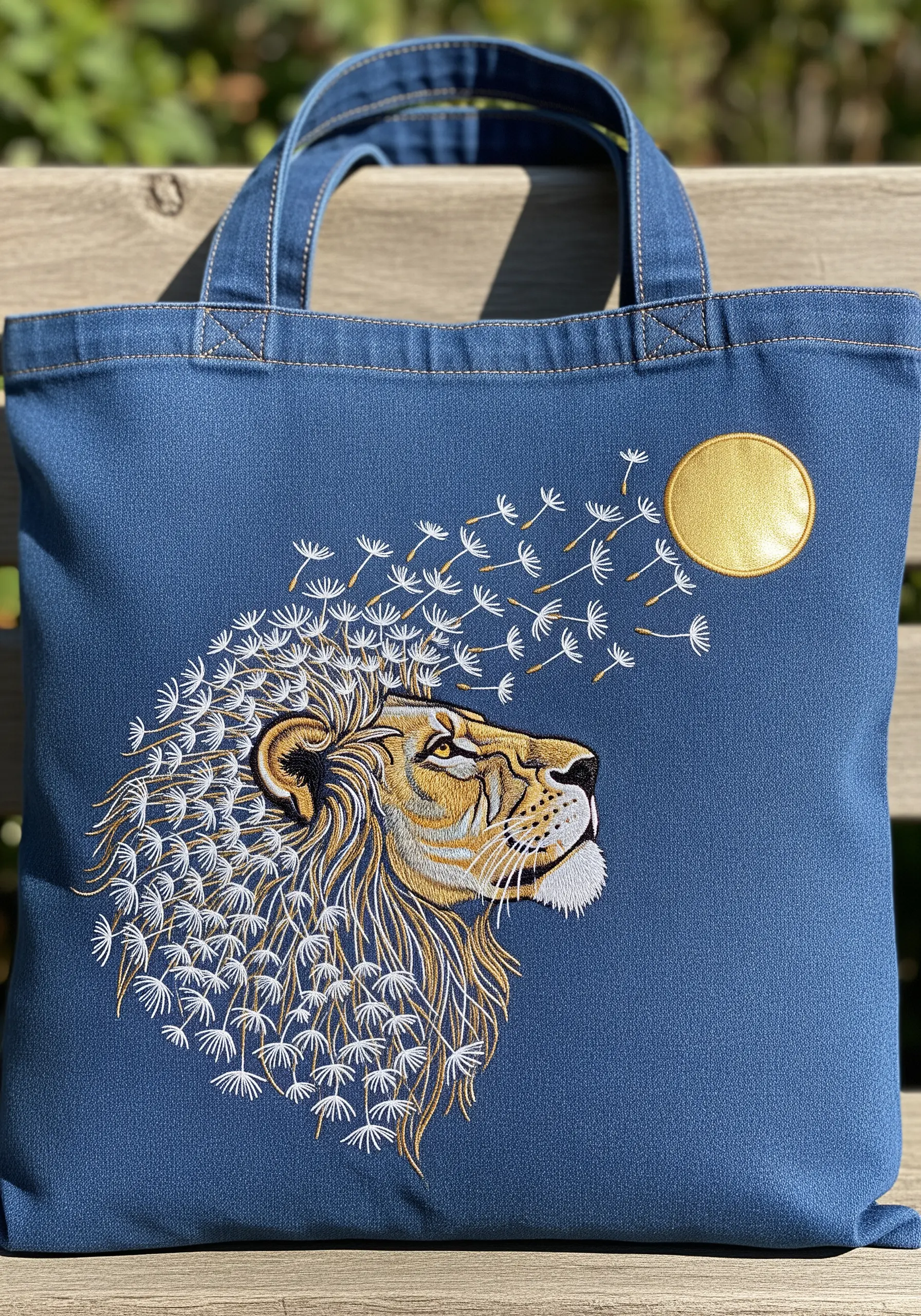 Lion's profile embroidered on a denim tote bag with a mane of dandelion seeds blowing away.