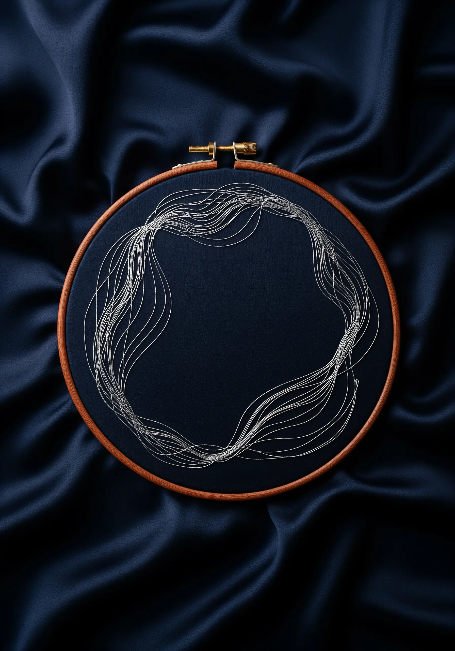Fine white threads floating loosely in a circular shape over dark blue satin fabric.
