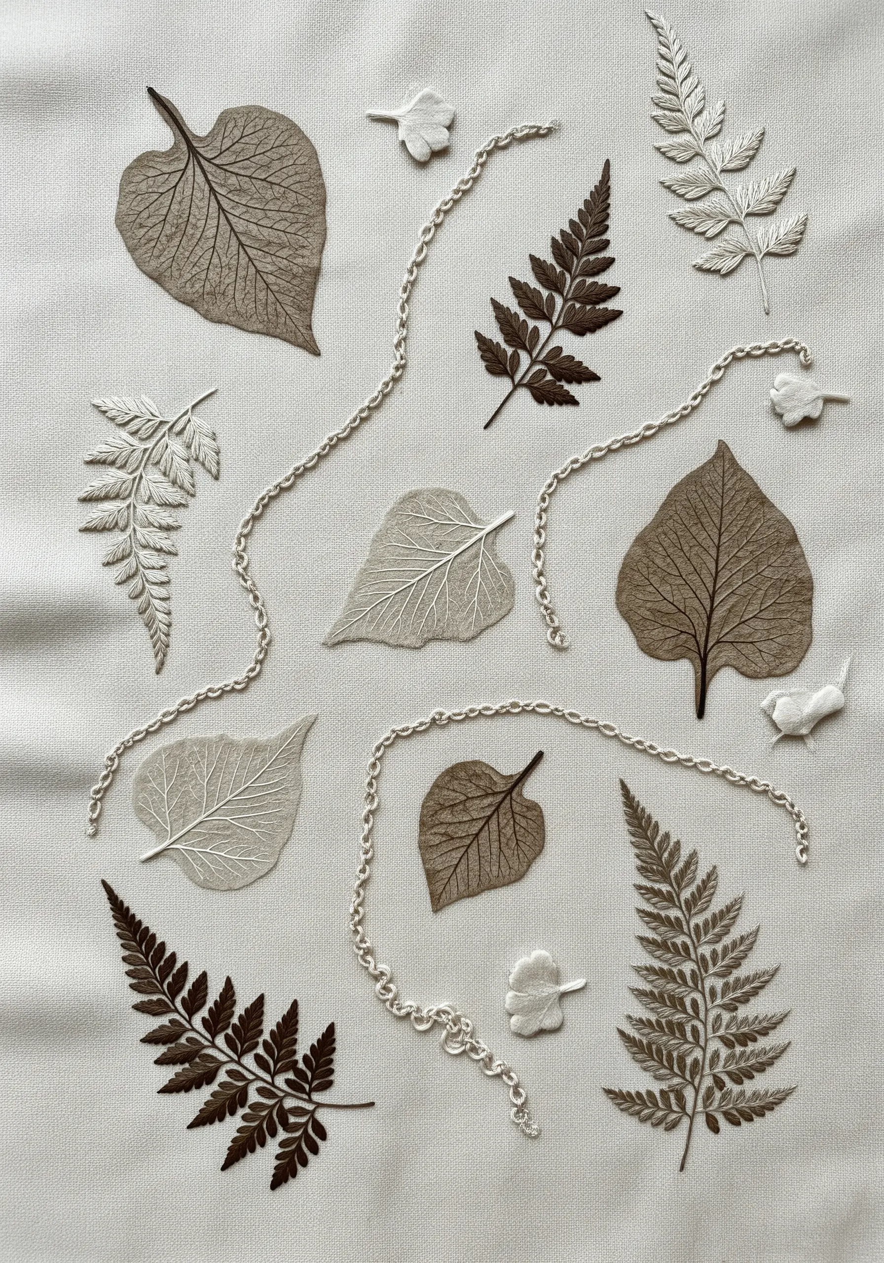Scattered fern and leaf embroidery in sepia and monochrome tones on off-white fabric.