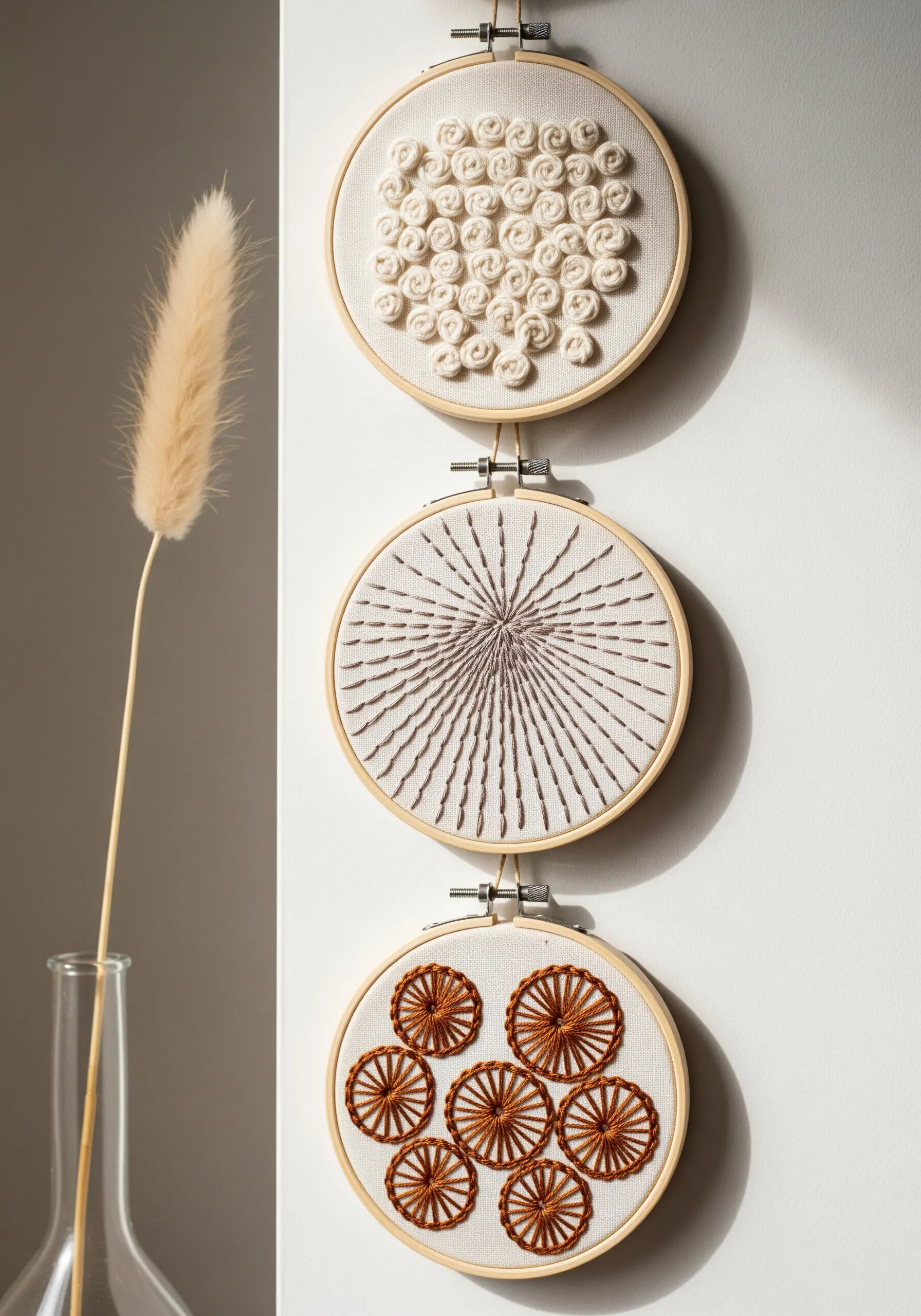 Three small embroidery hoops showcasing different textures: bullion knots, radiating stitches, and woven wheels.