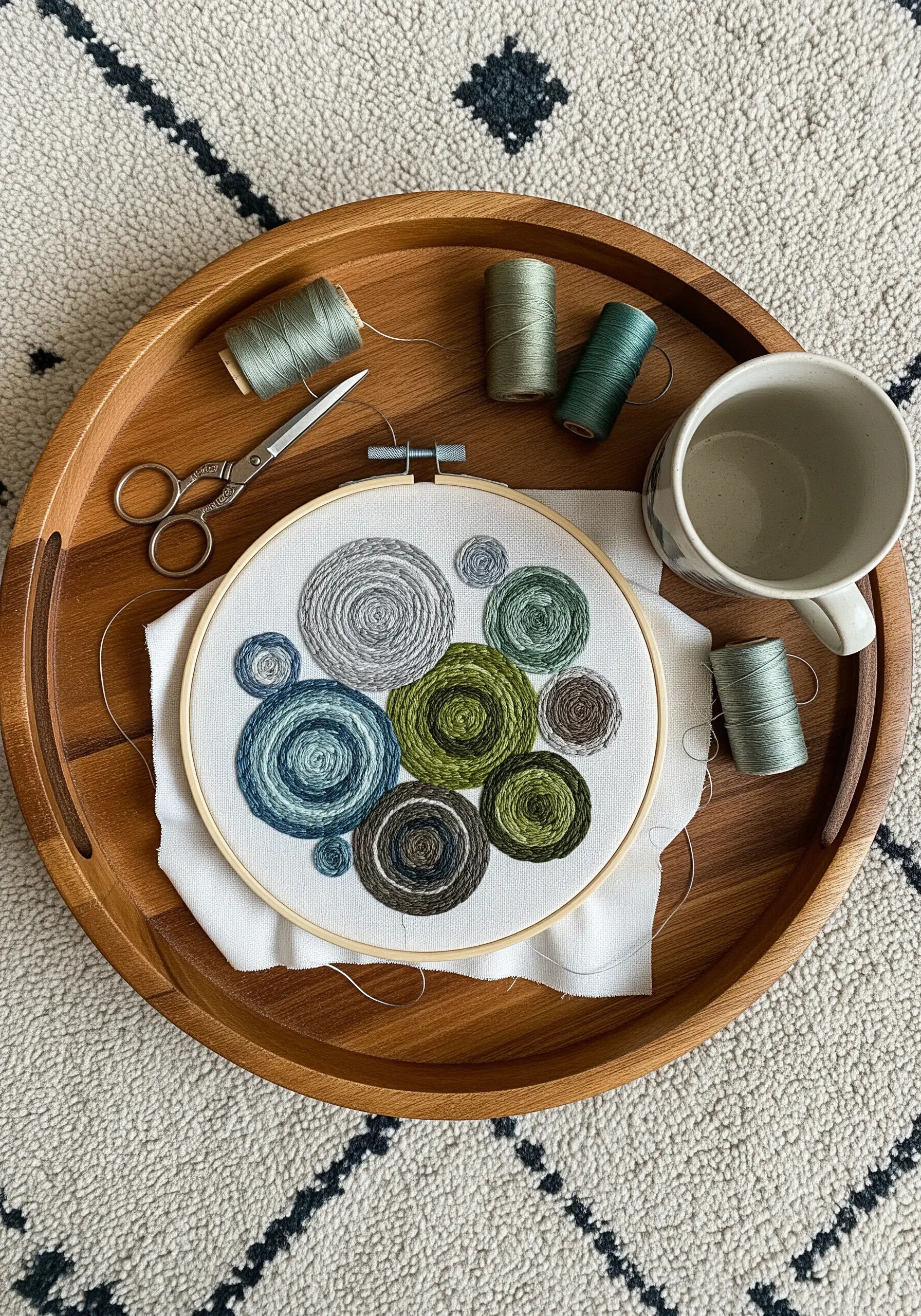 An embroidery hoop filled with abstract, spiraling circles in cool earth tones.