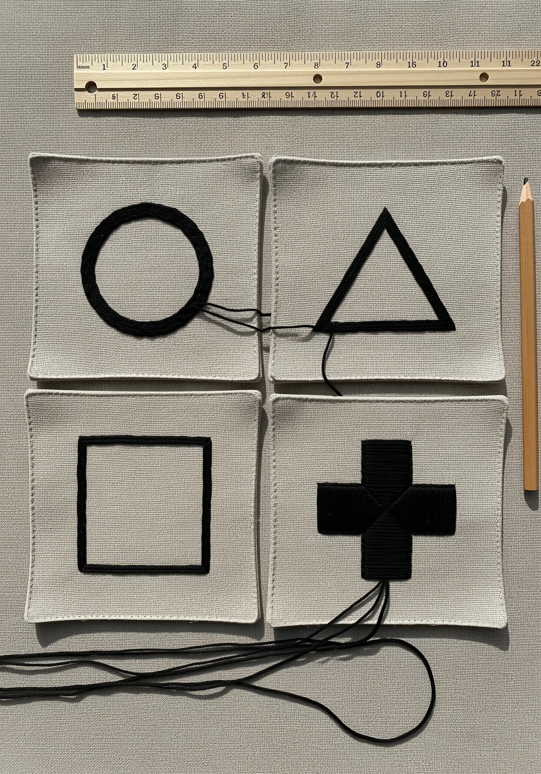Four canvas squares with bold geometric shapes (circle, triangle, square, cross) in black.