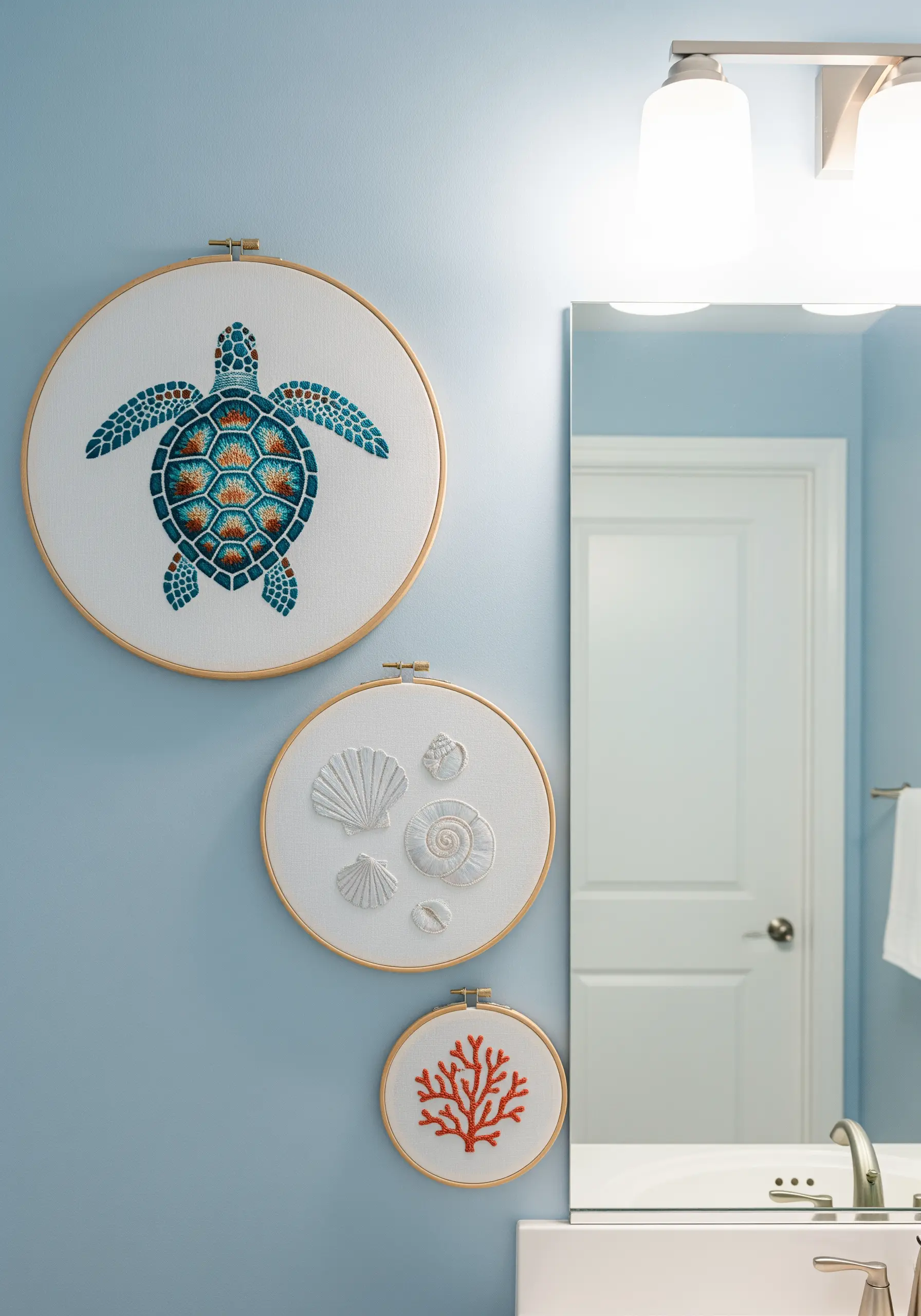 Three coastal-themed embroidery hoops: a sea turtle, 3D seashells, and red coral.