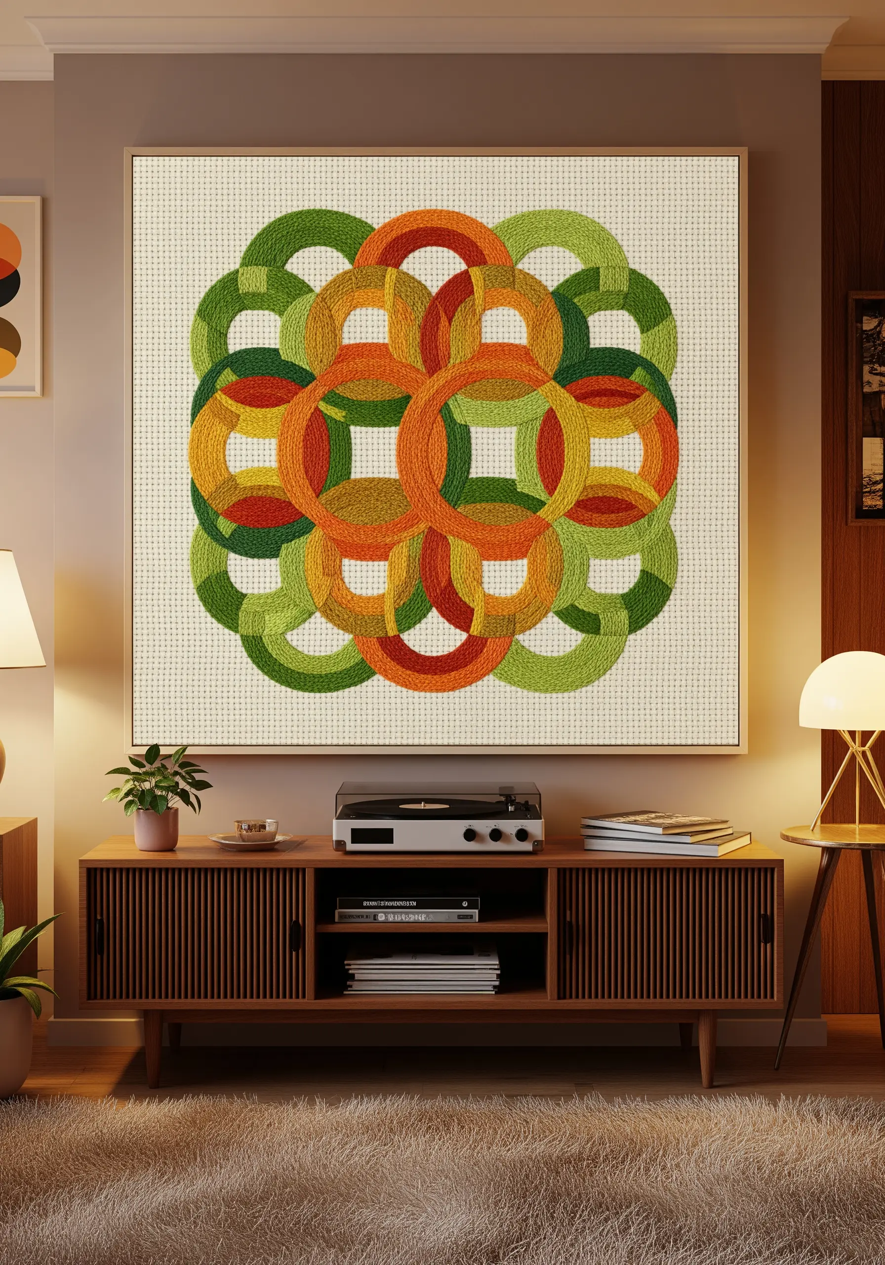 A large, framed embroidery of interlocking circles in shades of green, orange, and red.