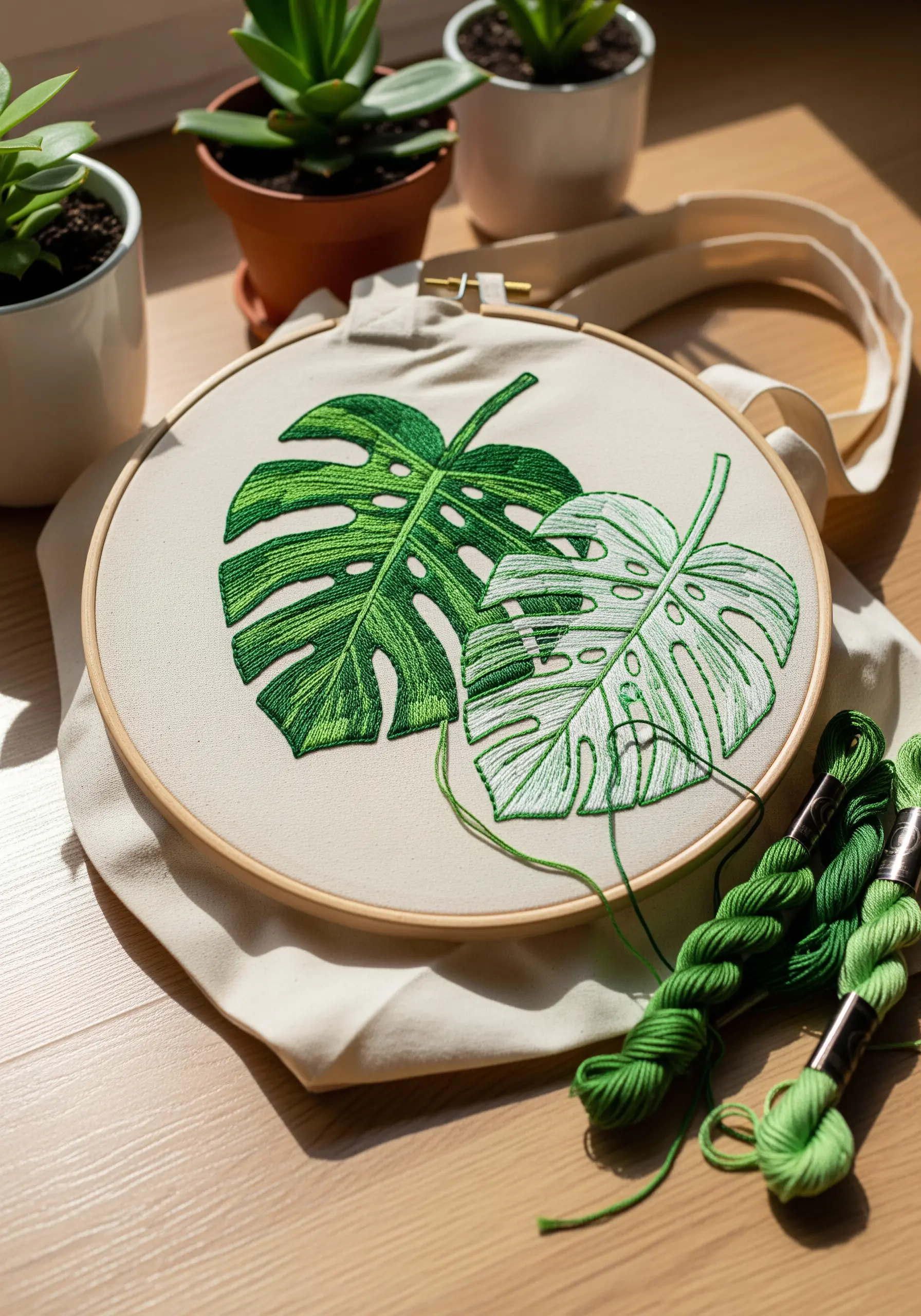 Two embroidered monstera leaves in a hoop, one fully stitched and the other in outline