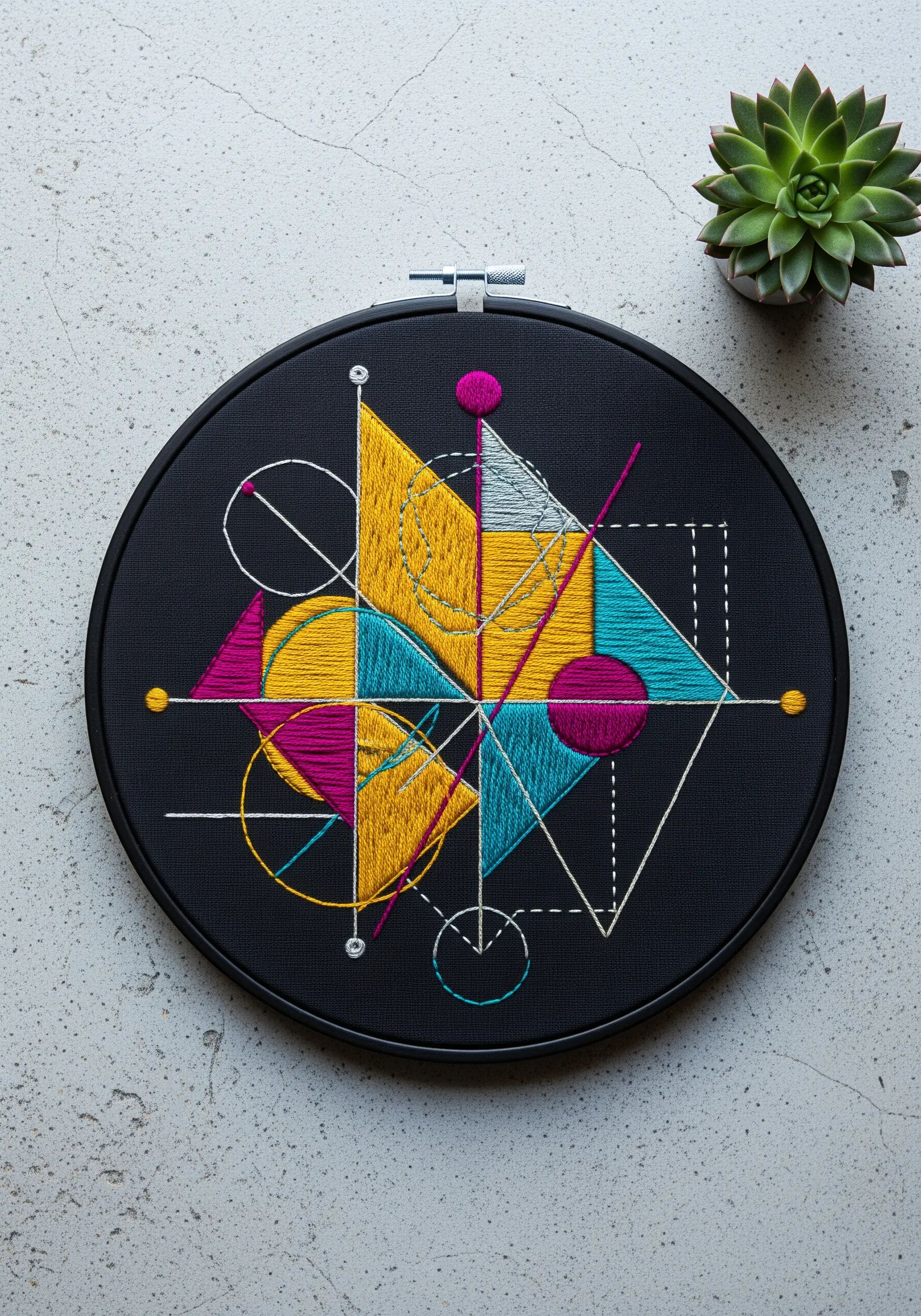 A modern geometric design with yellow, teal, and magenta shapes stitched on black fabric.