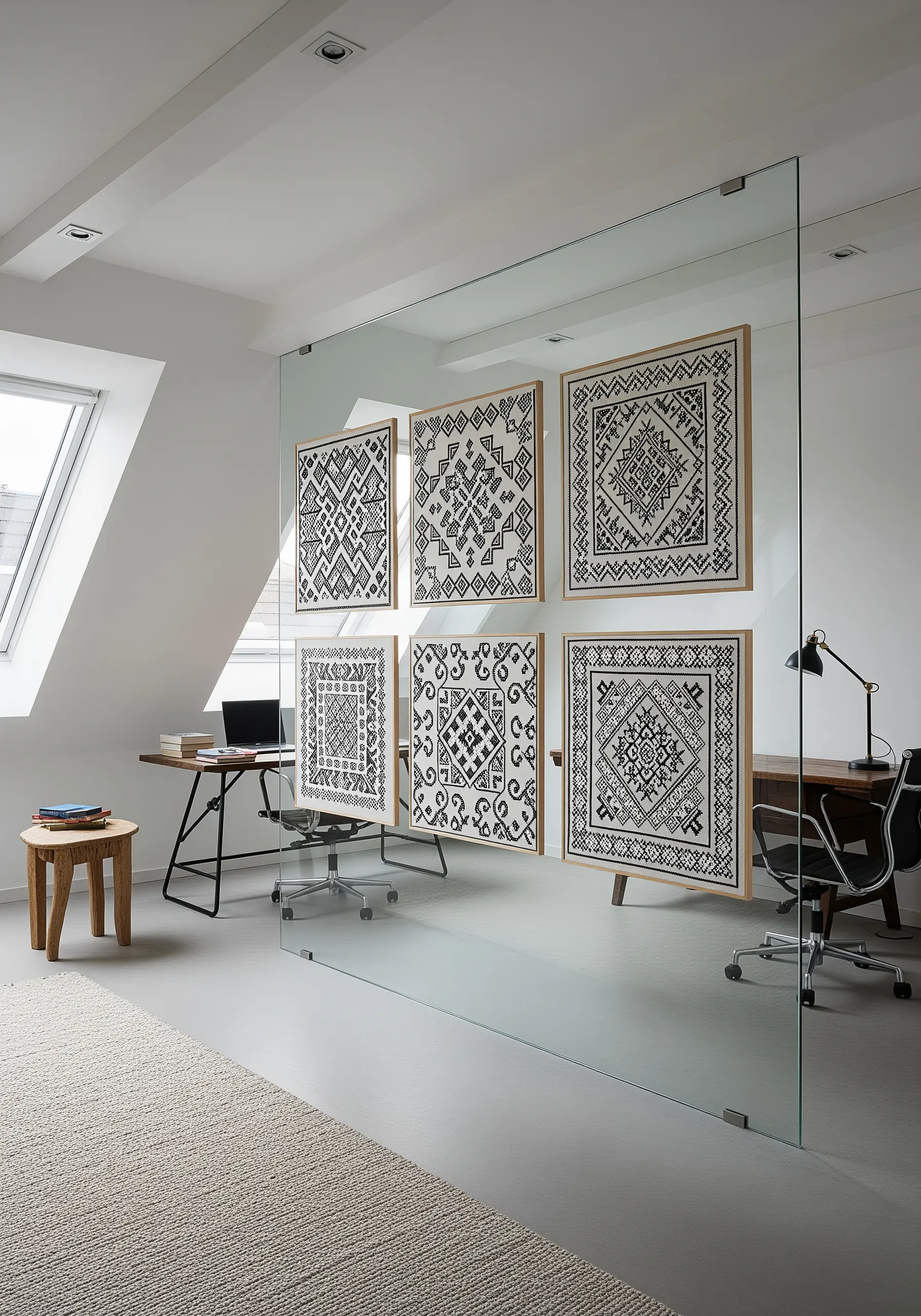 Six large framed blackwork embroidery panels with geometric patterns in a modern office