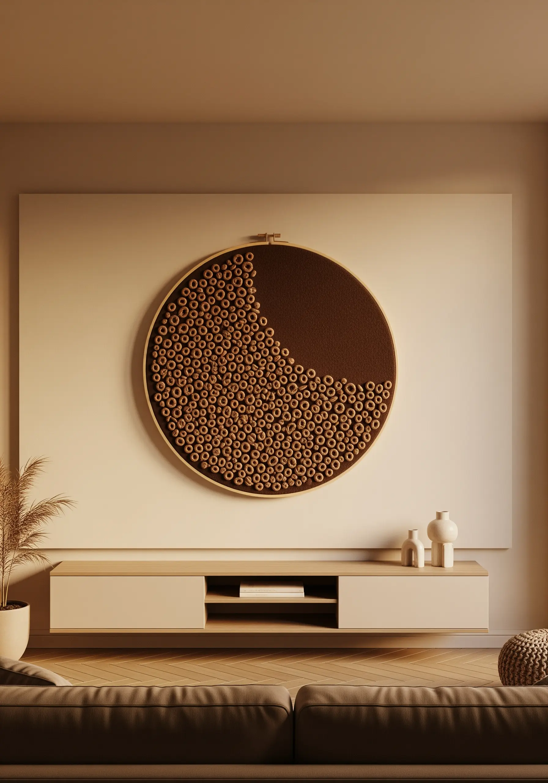 A large hoop with a crescent of bare fabric, surrounded by hundreds of small, embroidered brown rings.