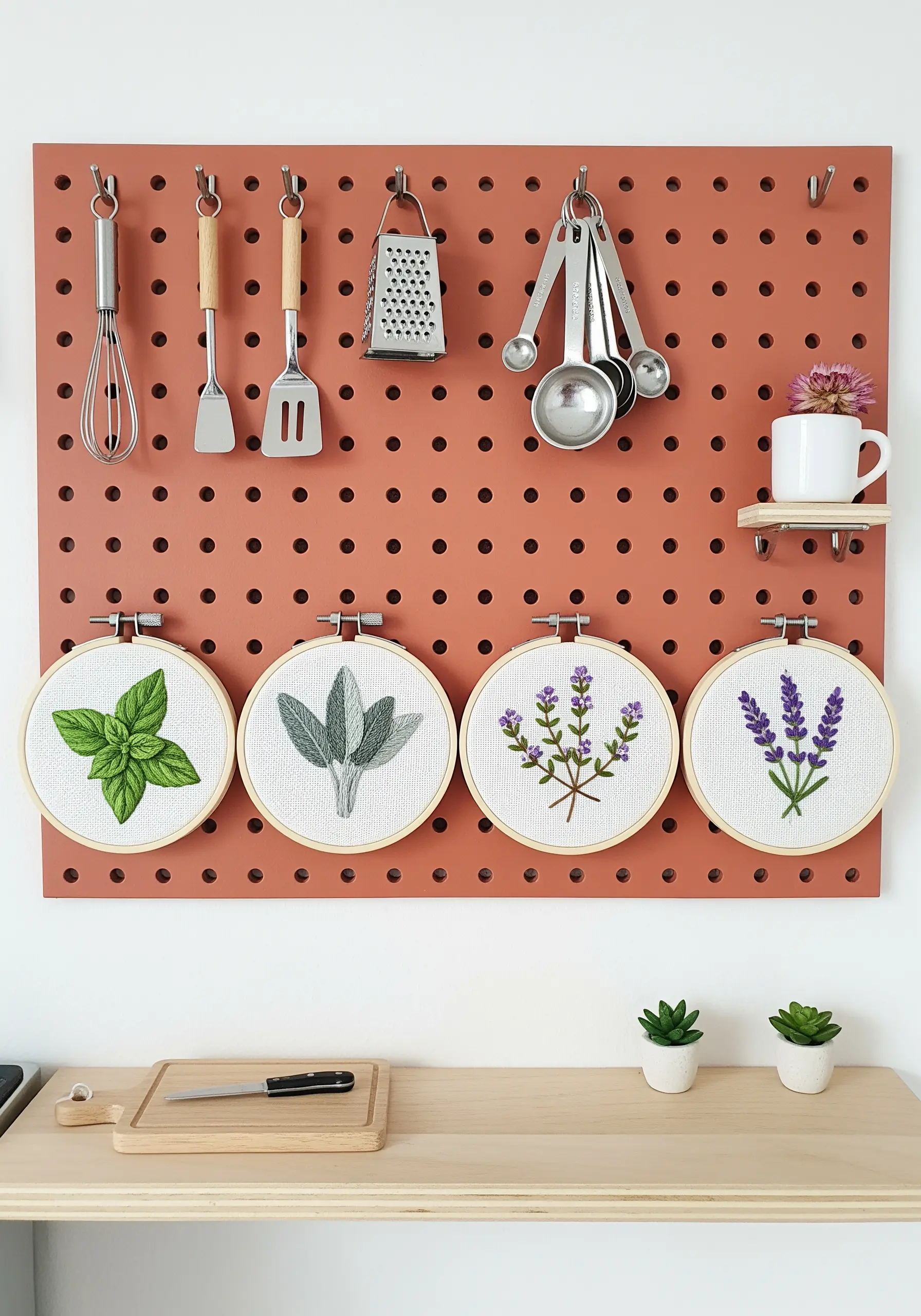 A row of four embroidery hoops featuring basil, sage, and lavender hanging on a terracotta pegboard.