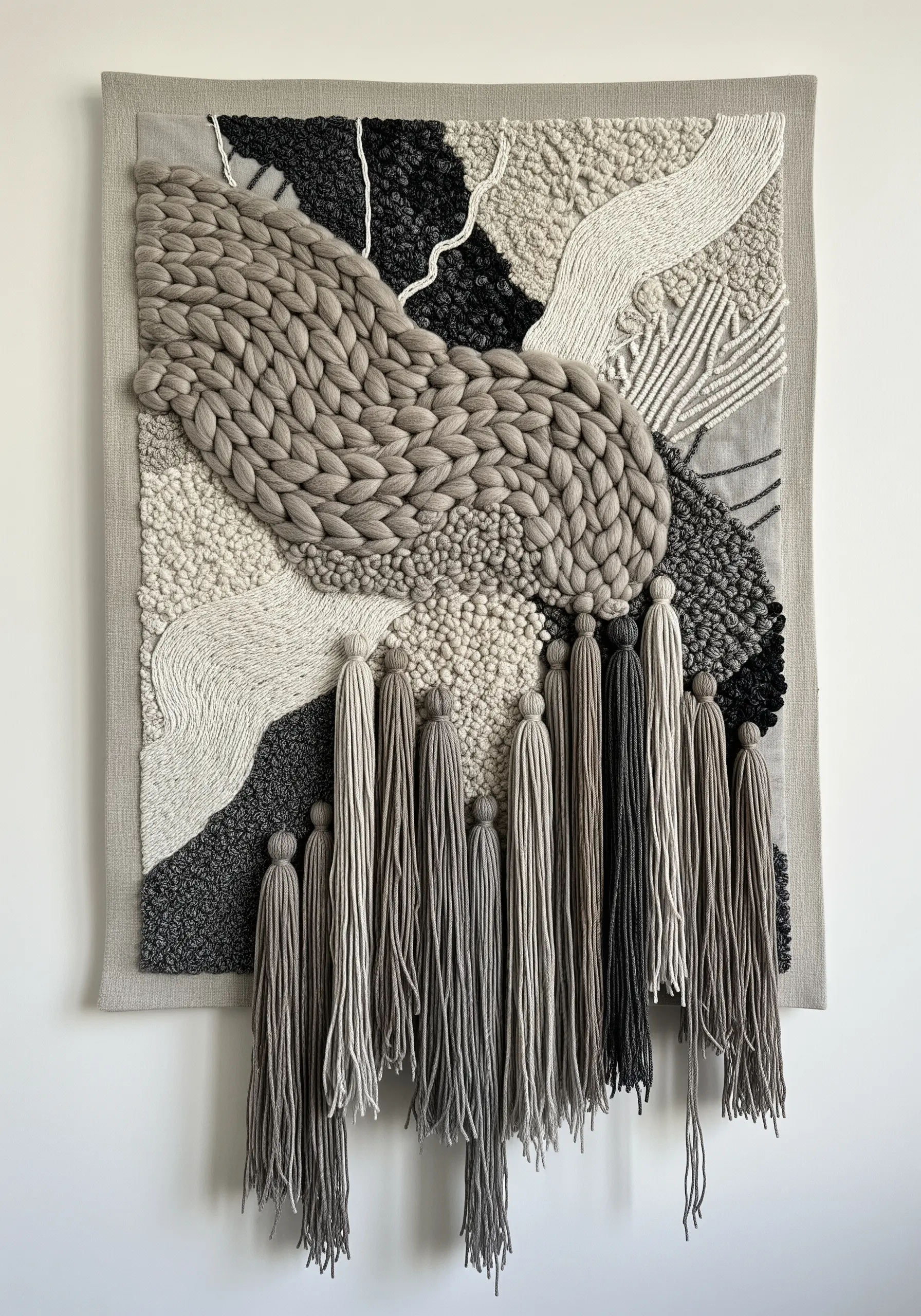 A large woven wall hanging in shades of grey, cream, and black with varied textures.