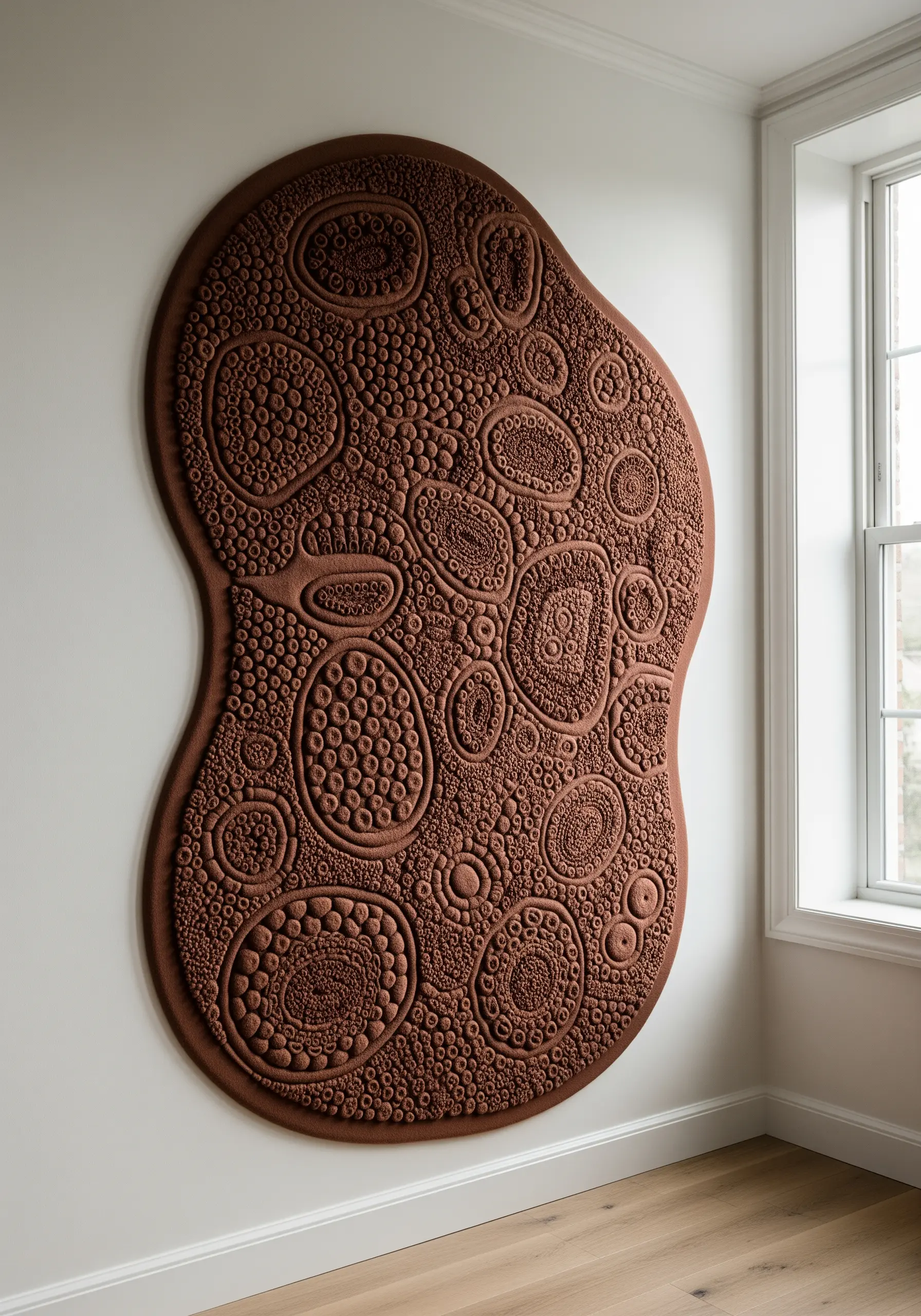 A large, freeform embroidery piece in a single terracotta color, filled with varied stitch textures.