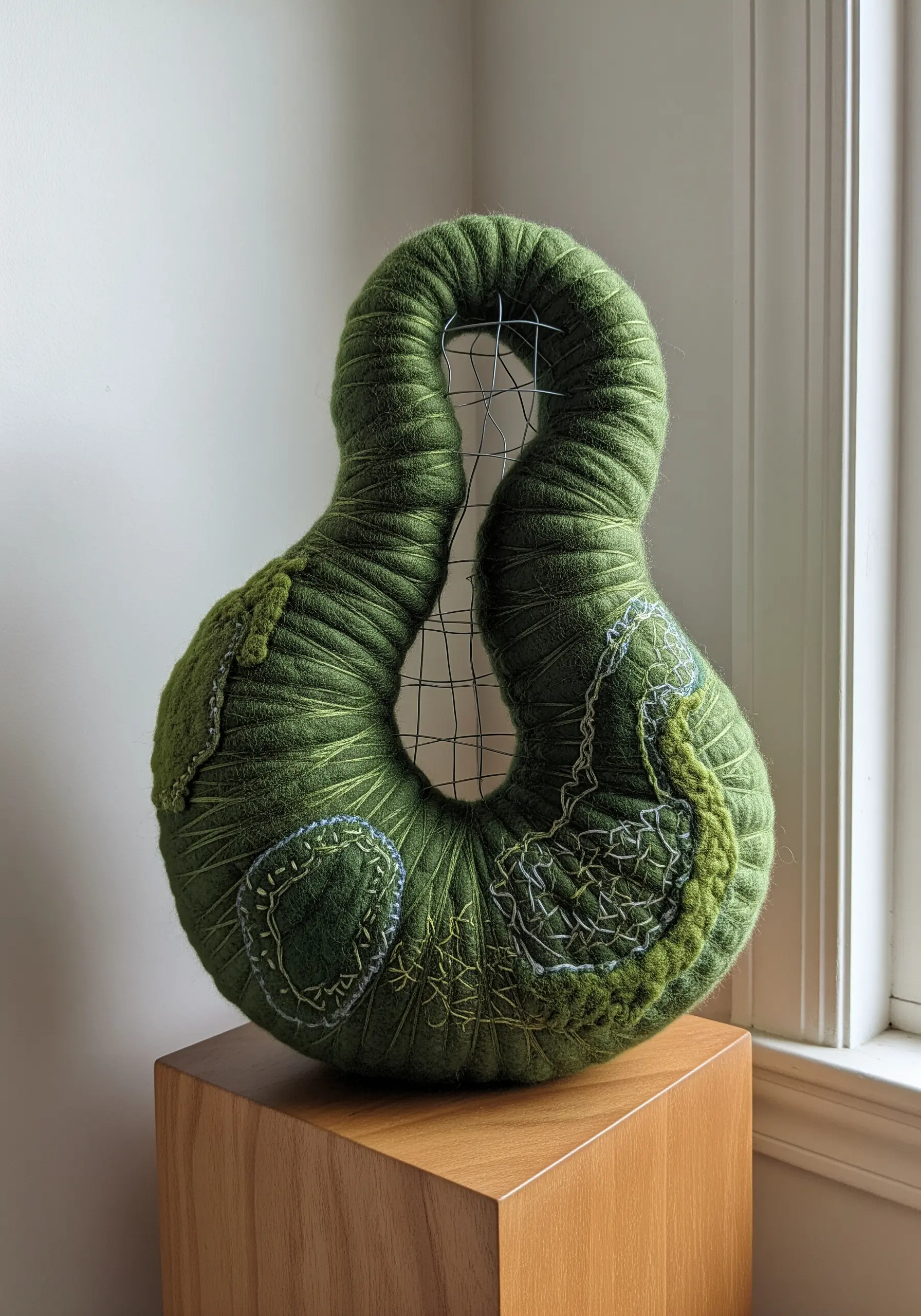 An abstract green soft sculpture with needle-felted patches and delicate, free-form white embroidery.
