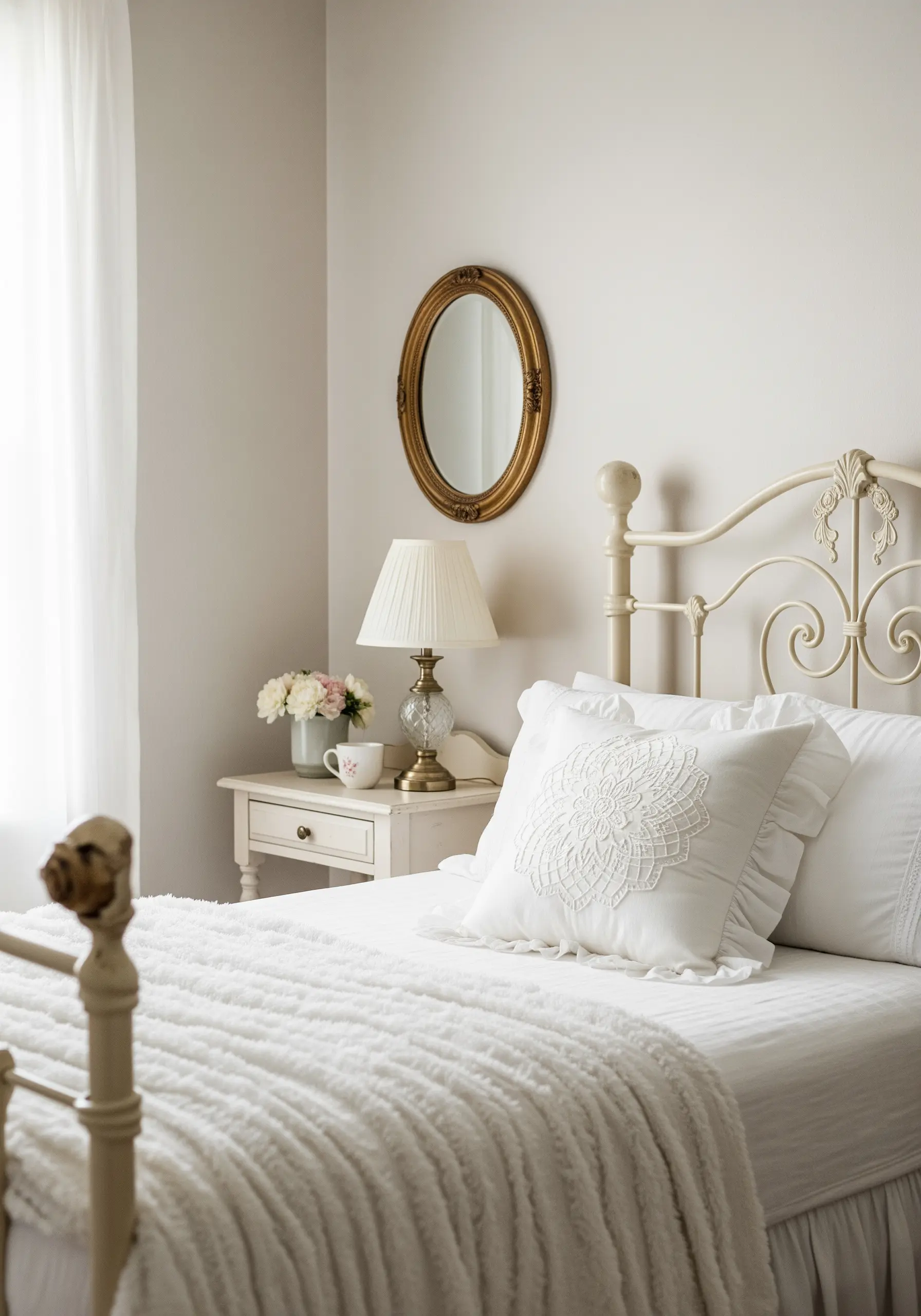White-on-white mandala embroidered on a ruffled white pillowcase.