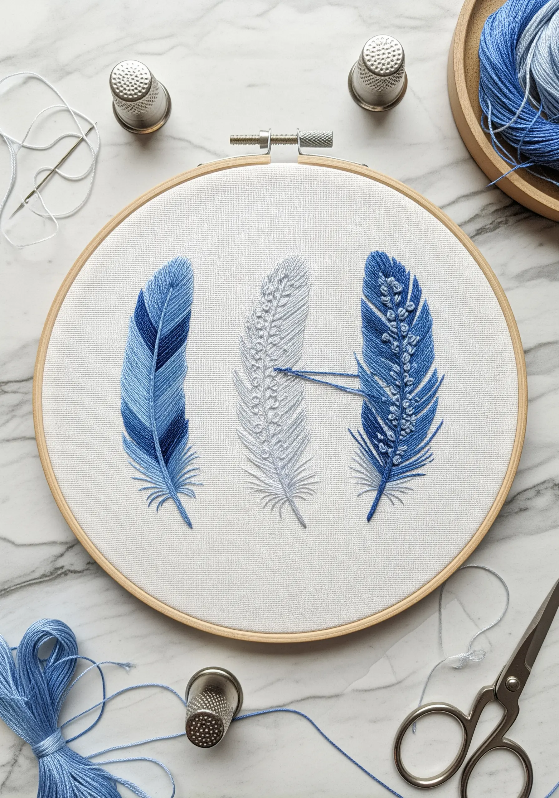 Three blue feathers embroidered side-by-side, each using a different stitch.